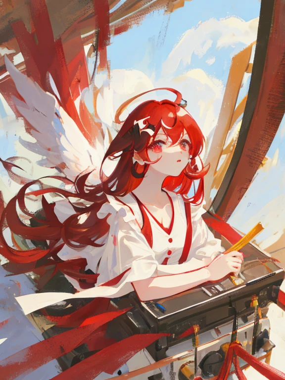 masterpiece, best quality, Super detailed, illustration, close up, direct, Face focus,A woman wearing a white v-neck dress，long red hair，There is a dull hair on the top of the head，Red contact lenses，White mechanical angel wings