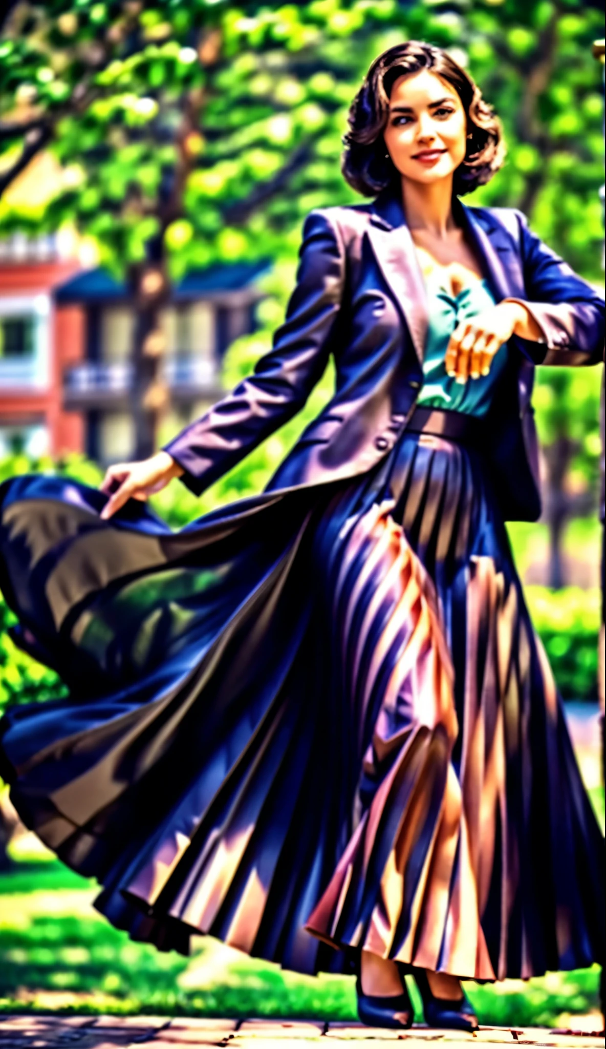 A smiling, authentic, (shy:1,3), kind, beautiful woman, is passionately in love with her skirt, while wind lifts her skirt, wearing short blazer and very very detailed (long (fully pleated) full circle skirt) and (low heeled court shoes), very very intricate hyper-detailed symmetric (attractive graceful young feminine face) with (sad, tired eyes and a loving smile), large , full of empathy and compassion and love, (pronounced (feminine) features), (highly detailed ultra accurate realistic) hands and fingers, (windy), epic composition, highly detailed attributes, (35mm f1.4 Kodak portra 400 photograph), extremely high quality RAW photograph, highly detailed atmosphere, sci-fi, cinematic shot, dynamic lighting, 75mm, Technicolor, Panavision, cinemascope, sharp focus, fine details, 8k, HDR, realism, realistic, key visual, film still, superb cinematic color grading, depth of field