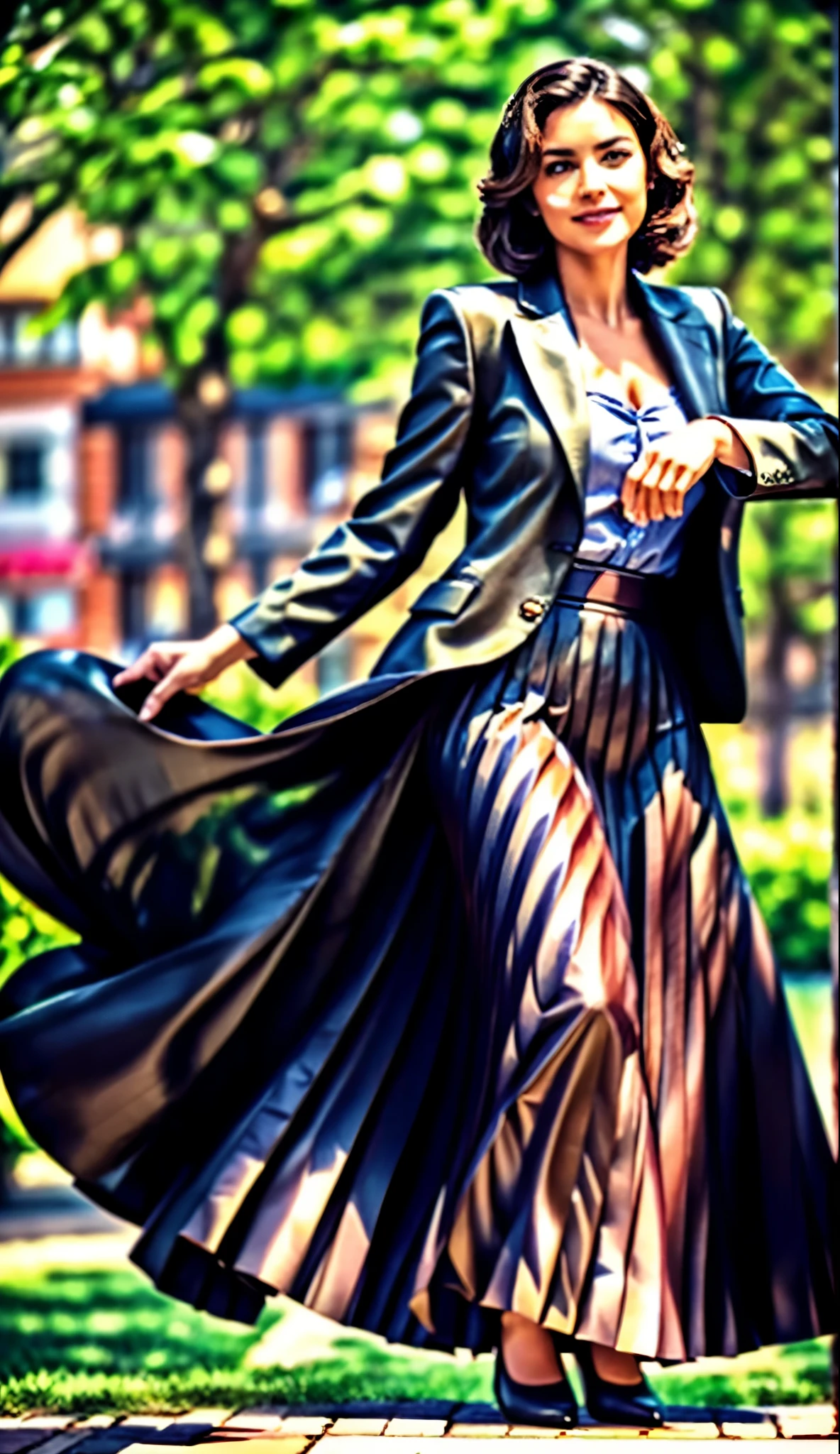 A smiling, authentic, (shy:1,3), kind, beautiful woman, is passionately in love with her skirt, while wind lifts her skirt, wearing short blazer and very very detailed (long (fully pleated) full circle skirt) and (low heeled court shoes), very very intricate hyper-detailed symmetric (attractive graceful young feminine face) with (sad, tired eyes and a loving smile), large breasts, full of empathy and compassion and love, (pronounced (feminine) features), (highly detailed ultra accurate realistic) hands and fingers, (windy), epic composition, highly detailed attributes, (35mm f1.4 Kodak portra 400 photograph), extremely high quality RAW photograph, highly detailed atmosphere, sci-fi, cinematic shot, dynamic lighting, 75mm, Technicolor, Panavision, cinemascope, sharp focus, fine details, 8k, HDR, realism, realistic, key visual, film still, superb cinematic color grading, depth of field