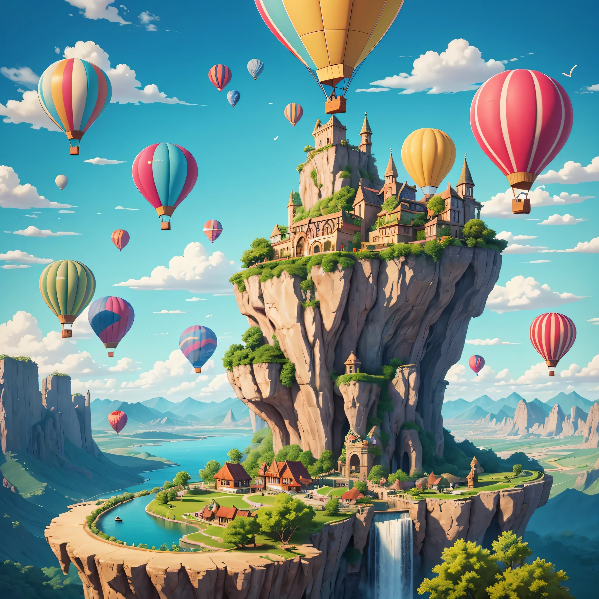 best quality,super detailed,16k,masterpiece,fantasy,Sky,cloudy,Beautiful city on the clouds,water,waterfall,cute creatures flying across the Sky,illustration,hot air balloon,colorful,bright colors,pleasure
