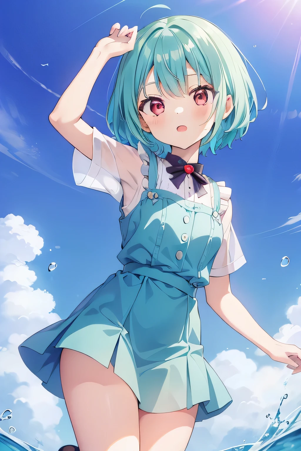 The background is the vastness of nature with a blue sky。
Hatsune Miku is smiling and sitting in the distance。

She is wearing a white dress with a long skirt。
A girl who looks like a Minato Ward girl。