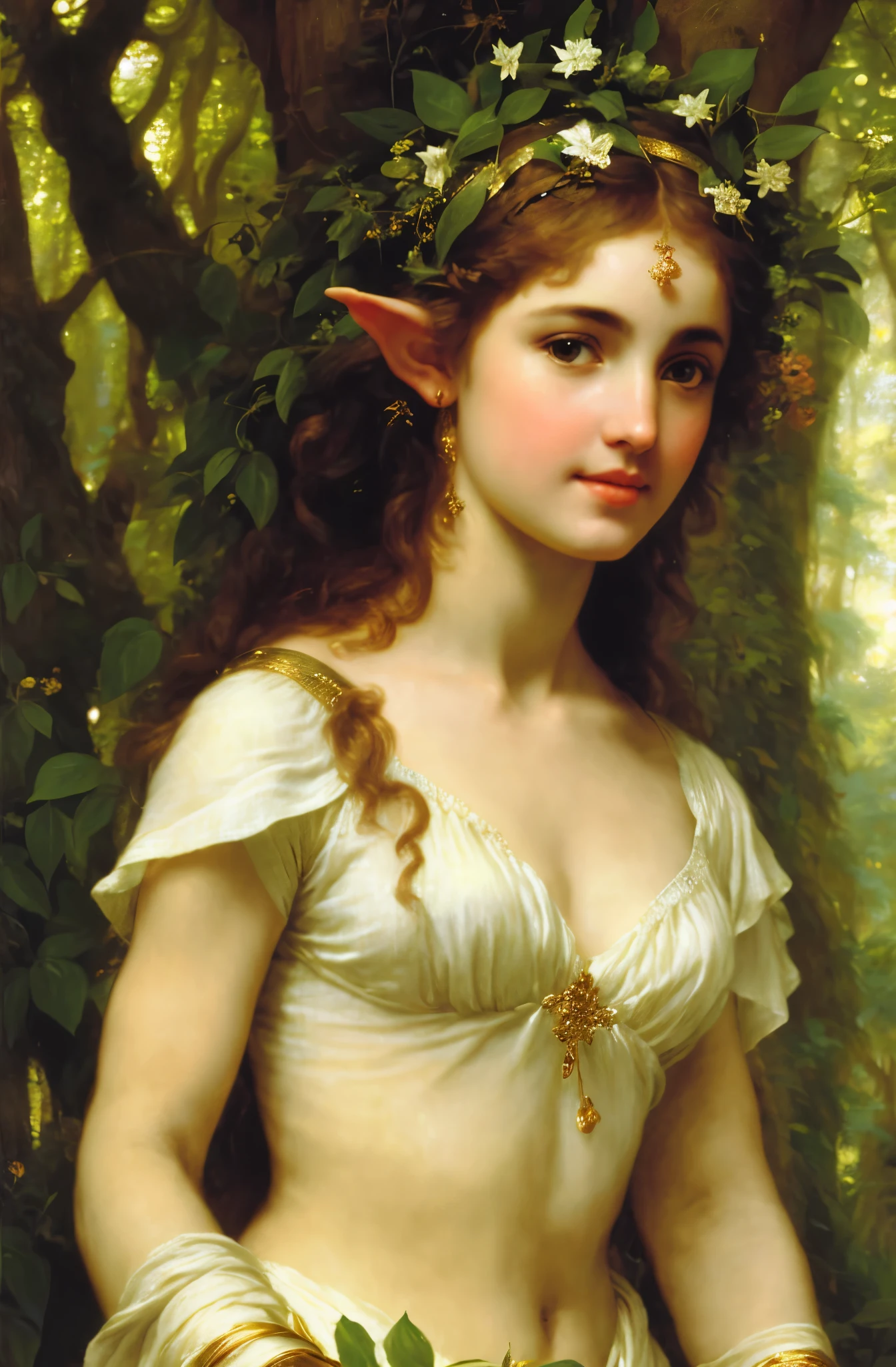 Greek Goddess linen clothes, An elf in a vegetative forest in John William Waterhouse style, by Peter Paul Rubens, featuring lush detailing, distinctive noses, and traditional oceanic art in high detail, close-up, light gold, and green, best quality, masterpiece,sfw