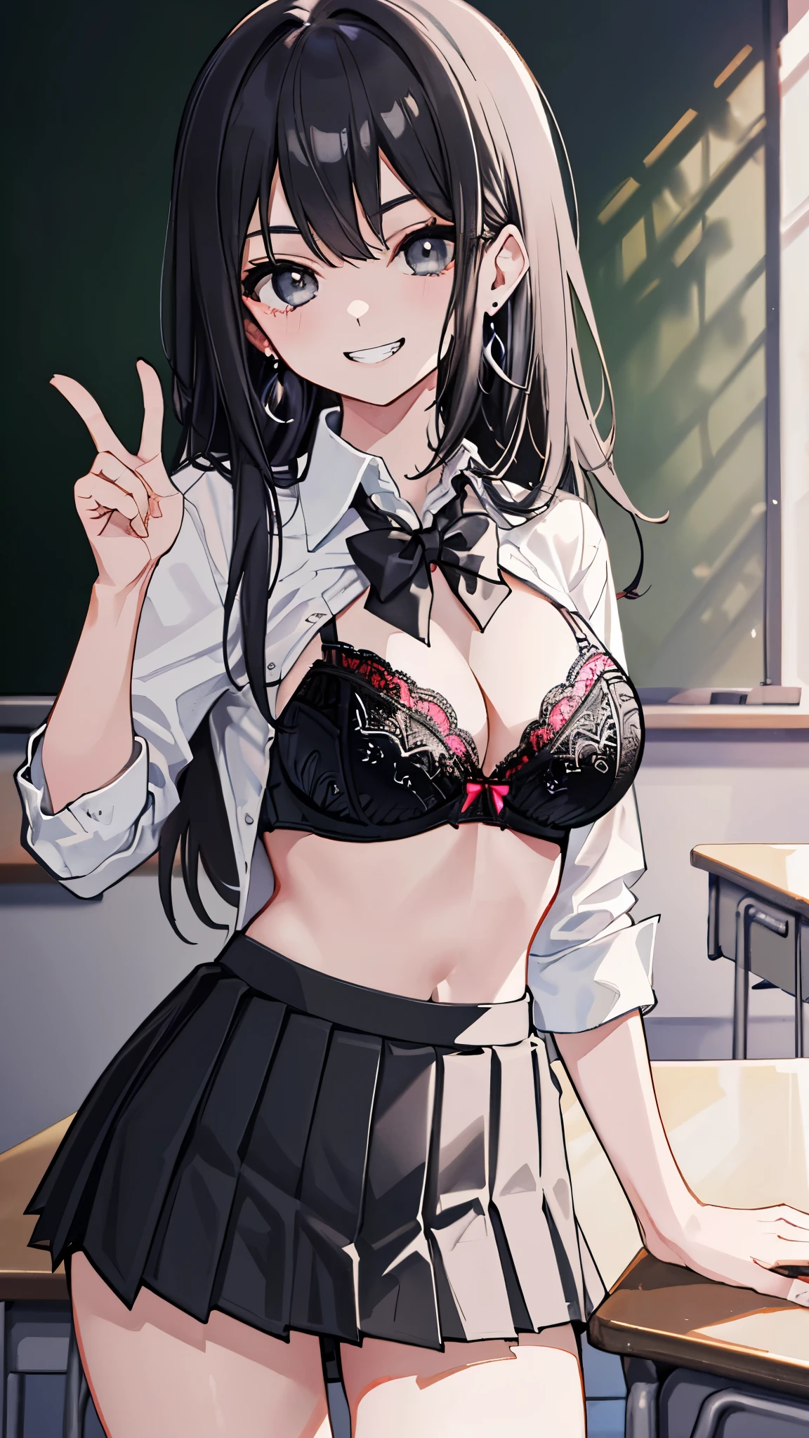 (8K、best image quality、highest quality、masterpiece)、detailed face、1 girl、gyaru、black hair、long hair、gray eyes、earrings、evil smile、((grin))、big breasts、((white collared shirt))、((open clothes))、((black bra))、((black pleated skirt、((miniskirt))、cowboy、classroom background