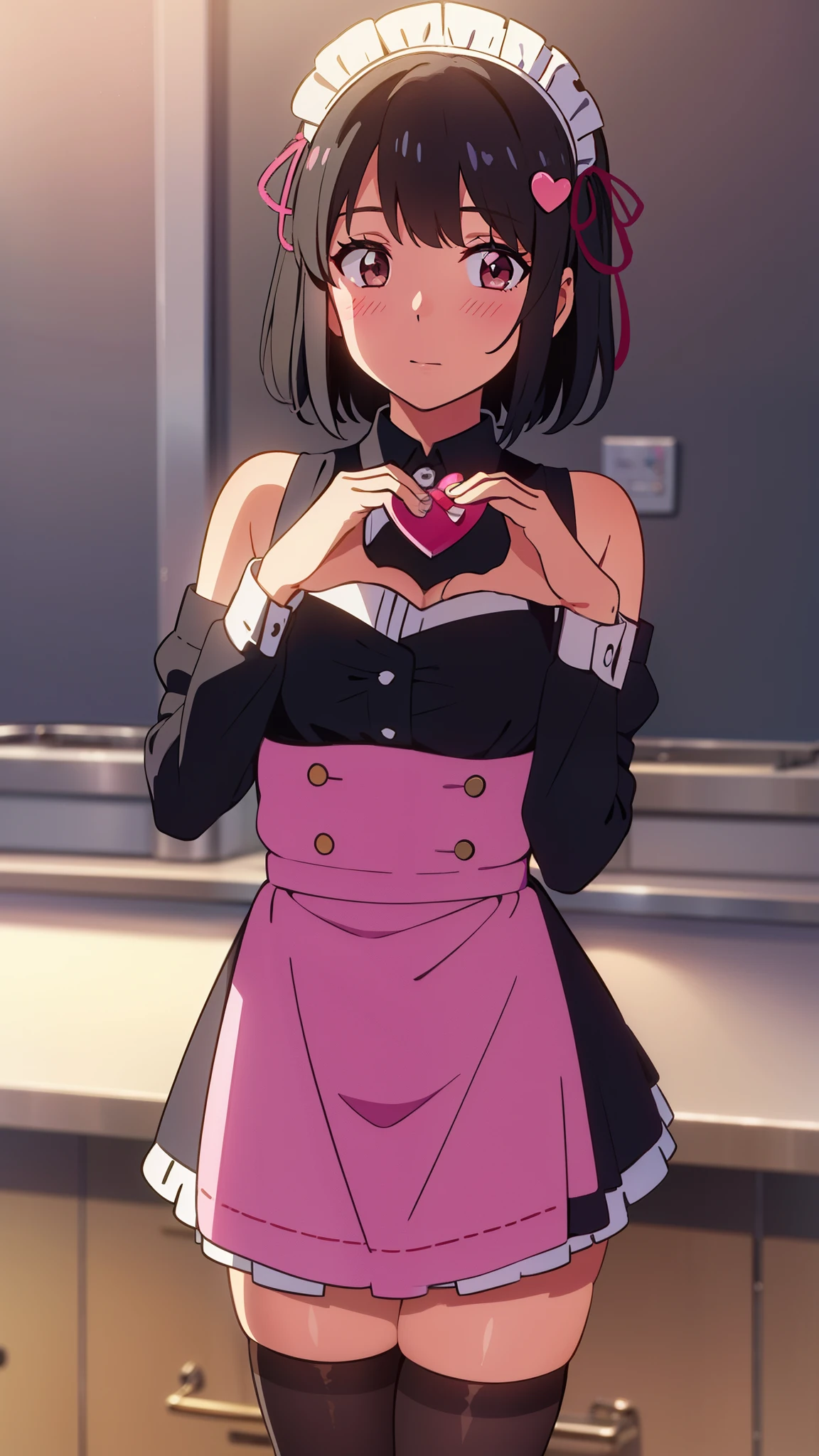 colorful, masterpiece, best quality, shinkai makoto, kimi no na wa., 1girl, bangs, black hair, blush, brown eyes, shiny skin, cute, short hair, looking at the viewer, pink apron, bow, pink dress, frills, hair ornament, heart, heart hands, perfect hands, perfect fingers, maid, maid apron, maid headdress, Off-the-shoulders, one side up, short dress, solo, thighhighs, white thighhighs, valentine background