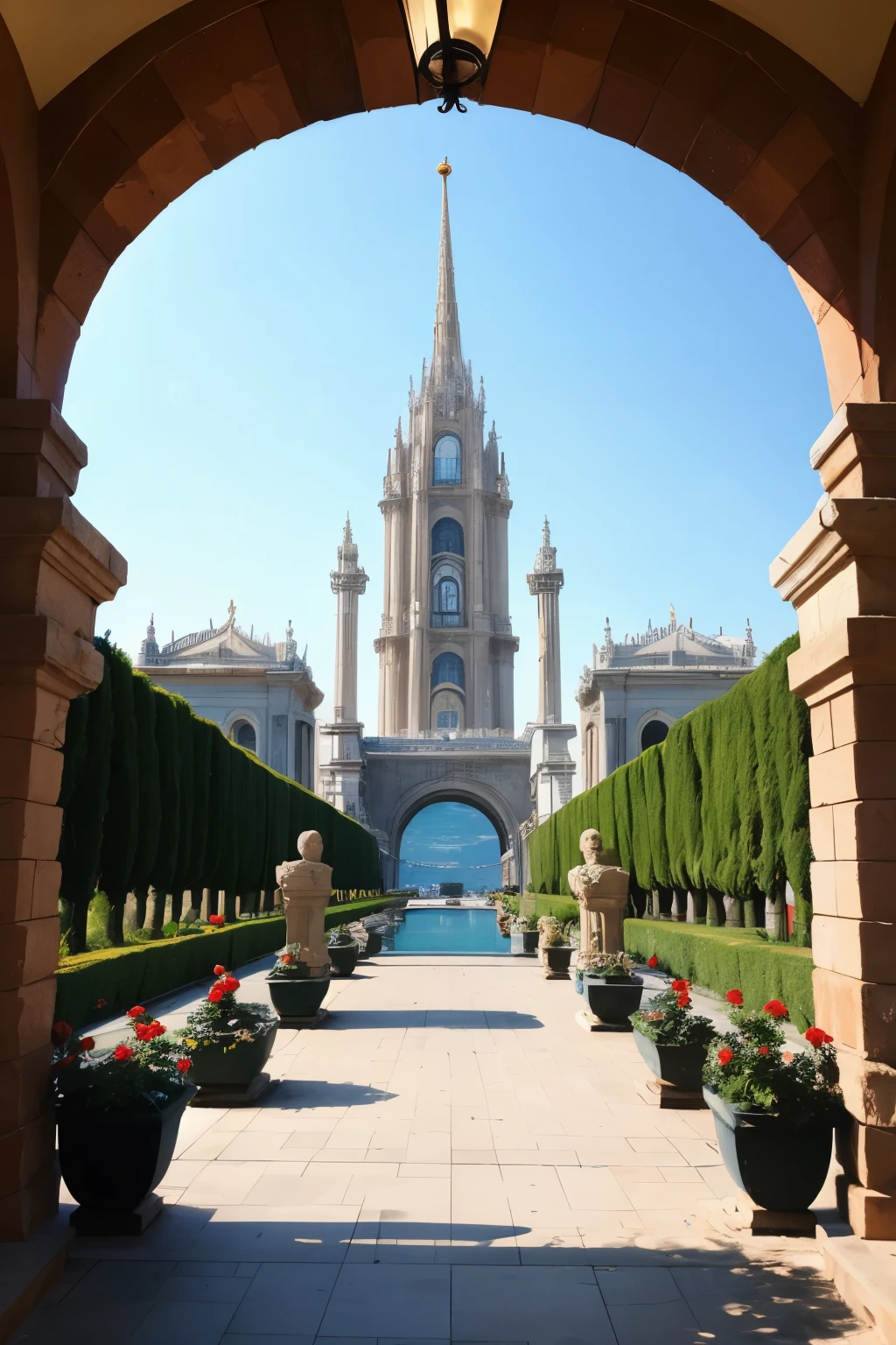 ((Magnificent European-style city gate,((There are huge statues of goddesses as tall as mountains on both sides of the city gate.,Towering into the sky)),City Wall,Different world scene,欧洲City Wall,European classical house,Stone material,Roman Column,castle)),middle Ages,Rundown