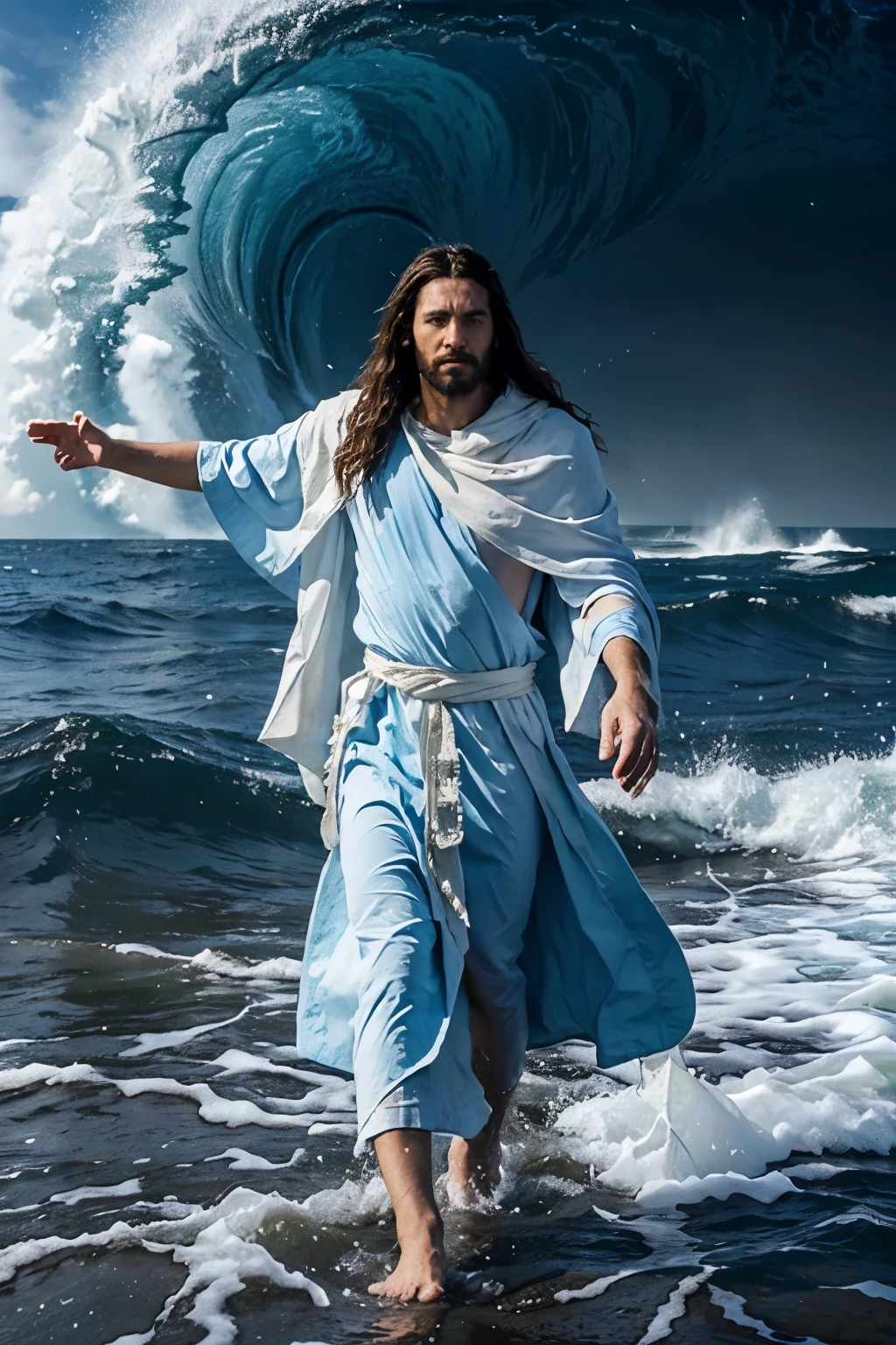 A majestic Jesus Christ, draped in a flowing blue and white cloak, walking gracefully on the tumultuous sea, his hand outstretched in a gesture of compassion and aid.