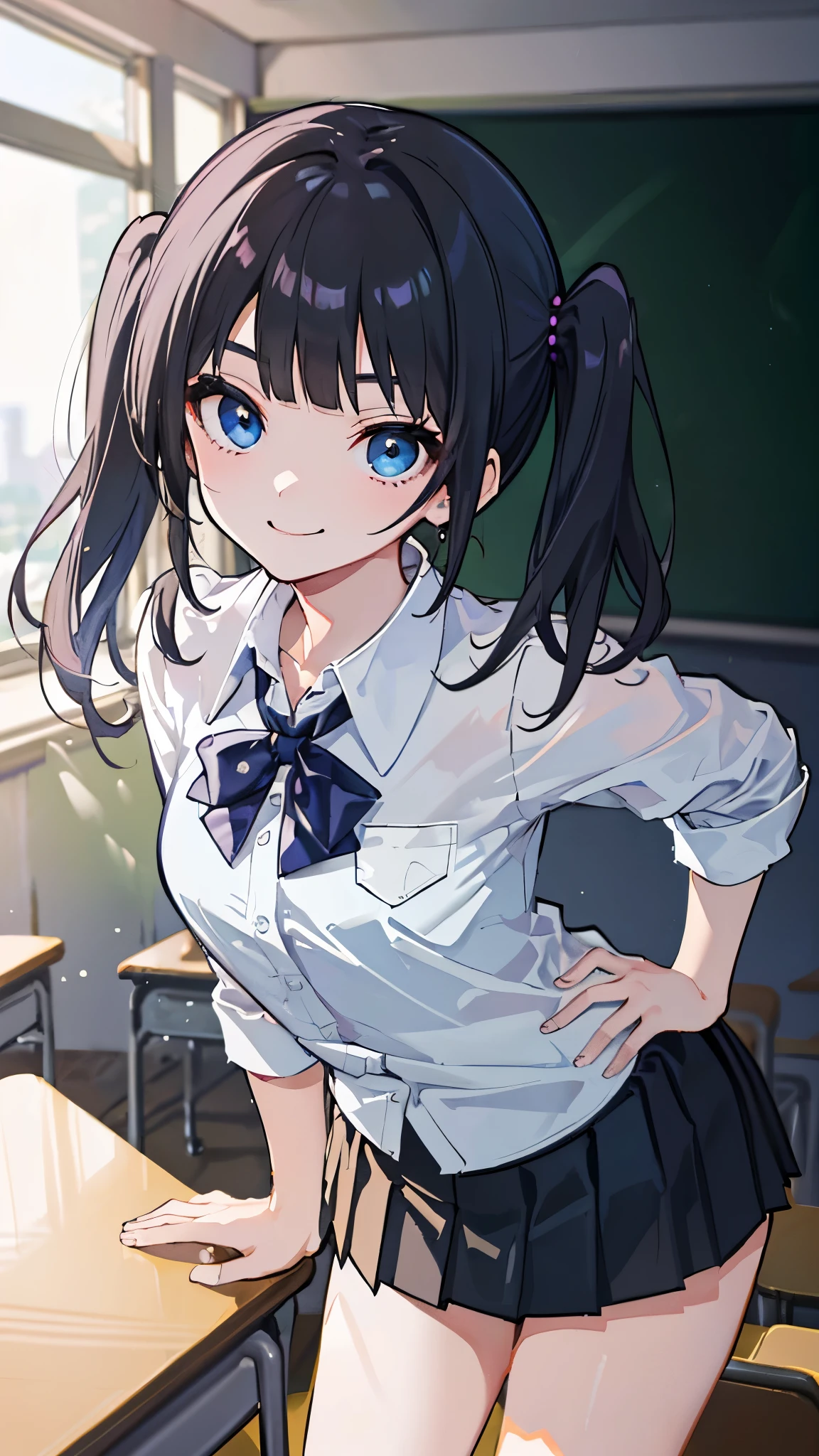 (8K、best image quality、highest quality、masterpiece)、detailed face、1 girl、gyaru、black hair、twintails、blunt bangs、light blue eyes、evil smile、small breasts、((white collared shirt))、((open clothes))、((black pleated skirt、((miniskirt))、leaning forward、cowboy shot、classroom background

