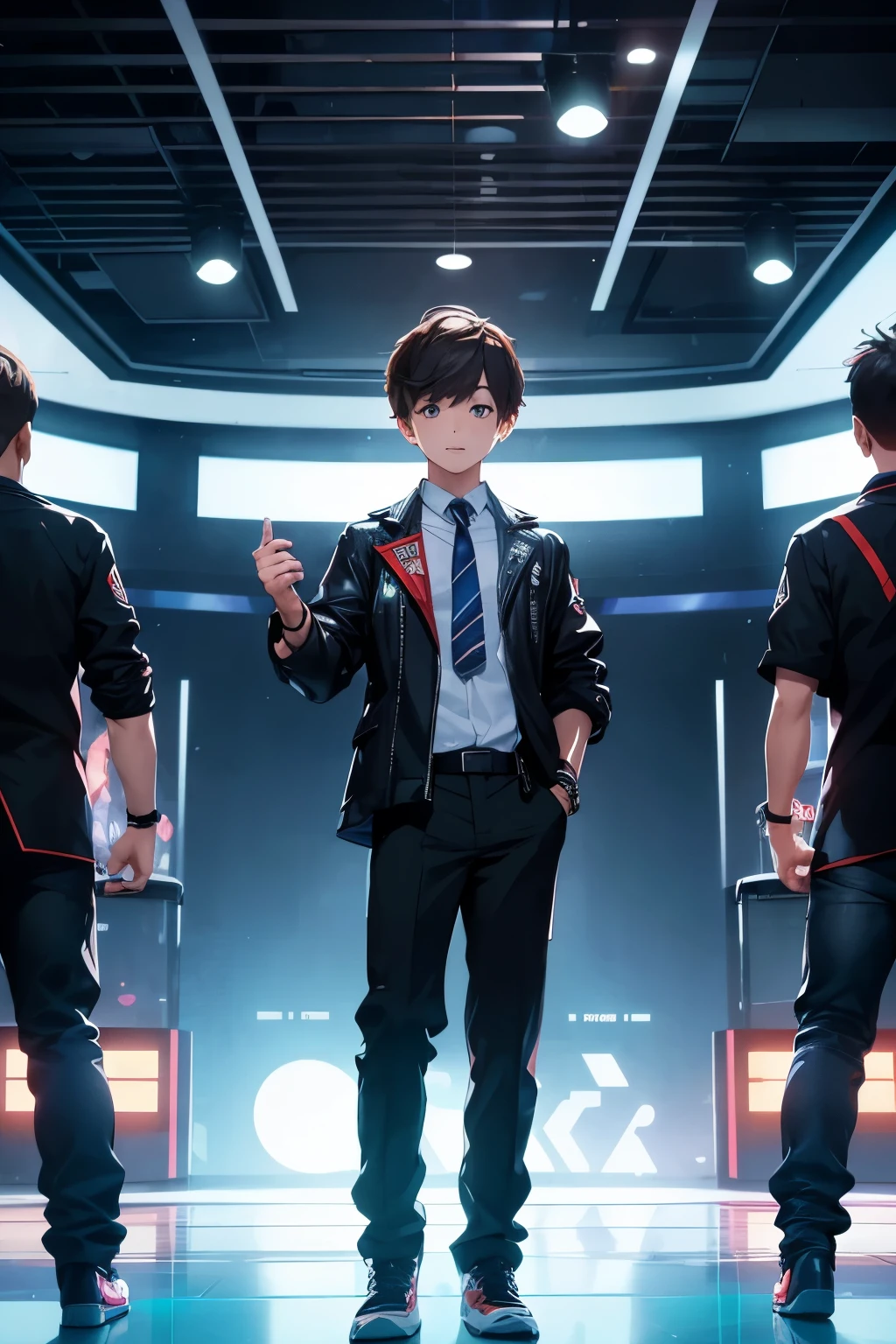 three boys on their feet, all three appear full body, the boy in the middle is a DJ, the DJ is looking ahead with a confident look, his shirt has the letter M printed close to his chest, the two colleagues who are not DJs s are looking to the sides, center the standing position, the DJ's colleagues are in school uniforms, highlight the DJ, resins, super details, in the background there is a city behind the boys, art, chibi, ip, c4d, clear- dark, depth of field, digital art, best quality