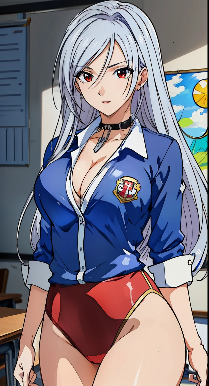 red eyes, (highest quality, masterpiece painting:1.3), mature woman, 26 years old, (half body shot:1.3), , school uniform, (fascinating look:1.5), silver hair, long hair, (big breasts:1.2), (tight waist:1.1), cleavage, perfect body, (athlete body:1.1), soft skin, anime face, perfect face, (perfect eyes:1.3), shining eyes, anime eyes, smoky eyeliner, eye shadow, looking at the viewer, smart, whiteboard background, classroom, sharp focus, intricate details, professional artwork, (Bright colors:1.1), Bright colors, diffused lighting, digital blending, Super detailed body, ultra detail hair, super detailed face, It&#39;s trending on pixiv, top button opened, shy girl, Cute gaze, compensate, perfect lips, perfect compensate, Super precise painting,