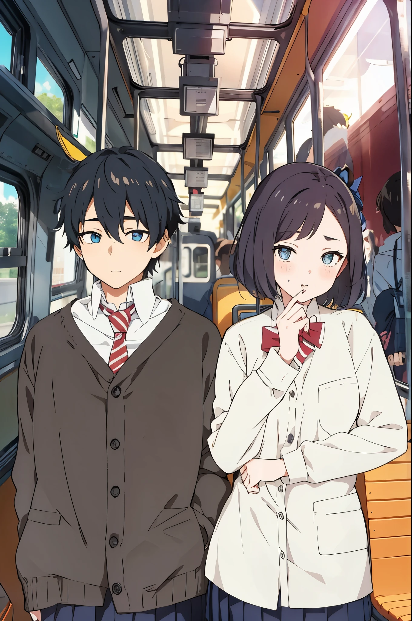 anime, characters standing on the bus, boy and girl, school uniform, soft shadows, face detail, Beautiful eyes
