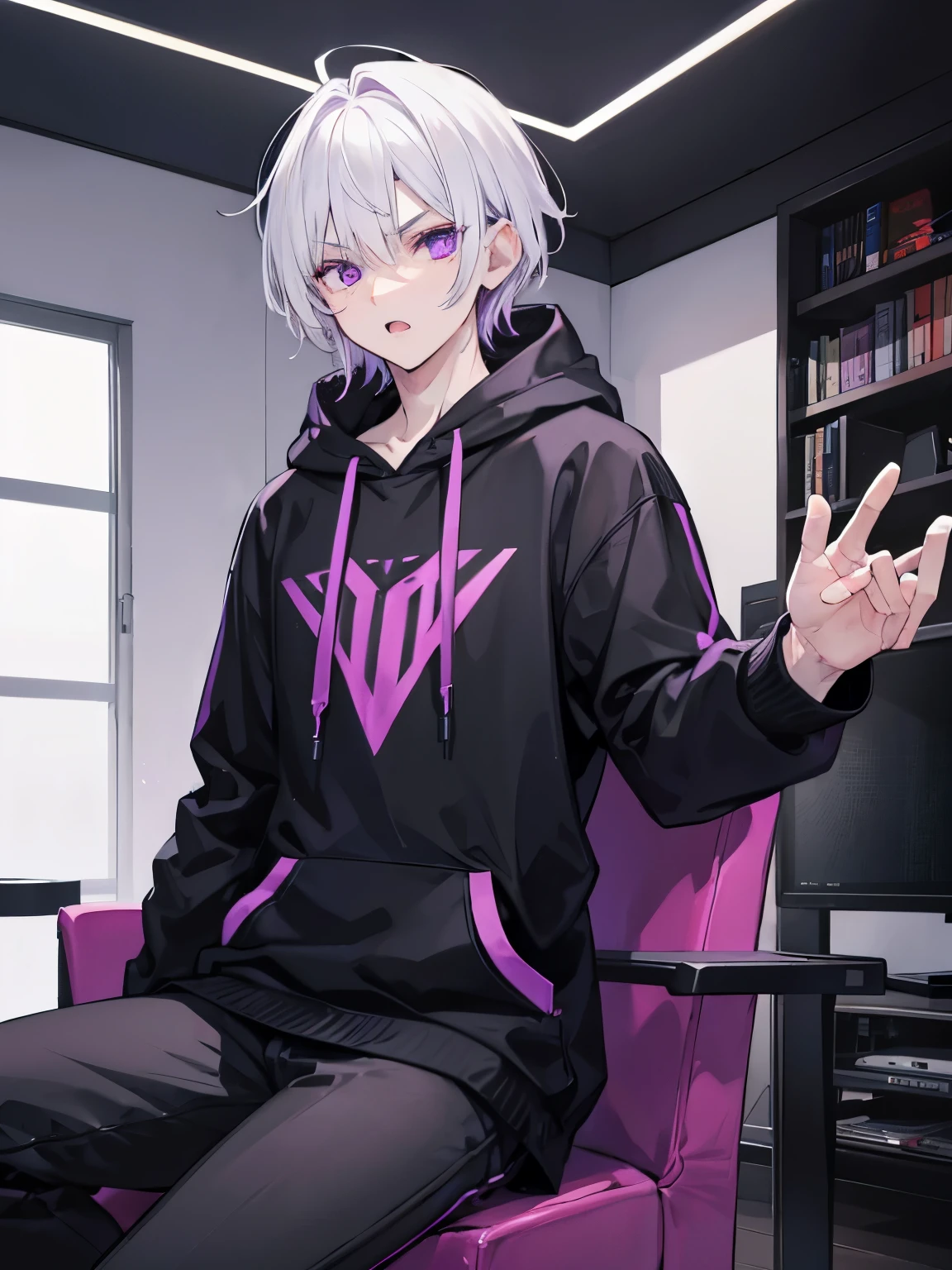 A Man!!! with white hair, purple eyes, taper faid hair, black hoodie, open mouth, badass, cool, gentle, in living room, was sitting in a gaming chair.