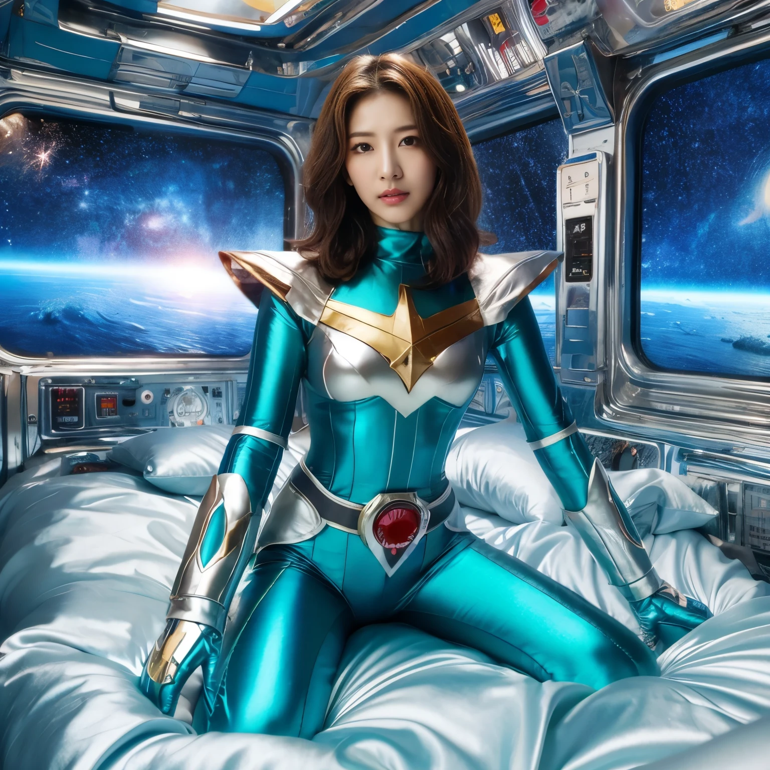 best image quality、Super high resolution、(realism:1.4)、Korean beauty star、The most beautiful KPOP star、face、Horny Korean makeup、erotic expression、A body that makes you want to touch it、Erotic photos、Realistic satin fabric texture、Costume made of stretch satin fabric that is smooth to the touch、The drape of the curved part of the satin fabric、Strong luster of costume、costume quality、8K photo quality、Costume made of high-quality satin fabric with high density、Super-class battle leather cloak with a smooth texture、Super Sentai Women's Heroine Suit、Super-class battleship shiny costumes、Texture of costumes that satin fetishists respond to、Thin, glossy stretch satin fabric、