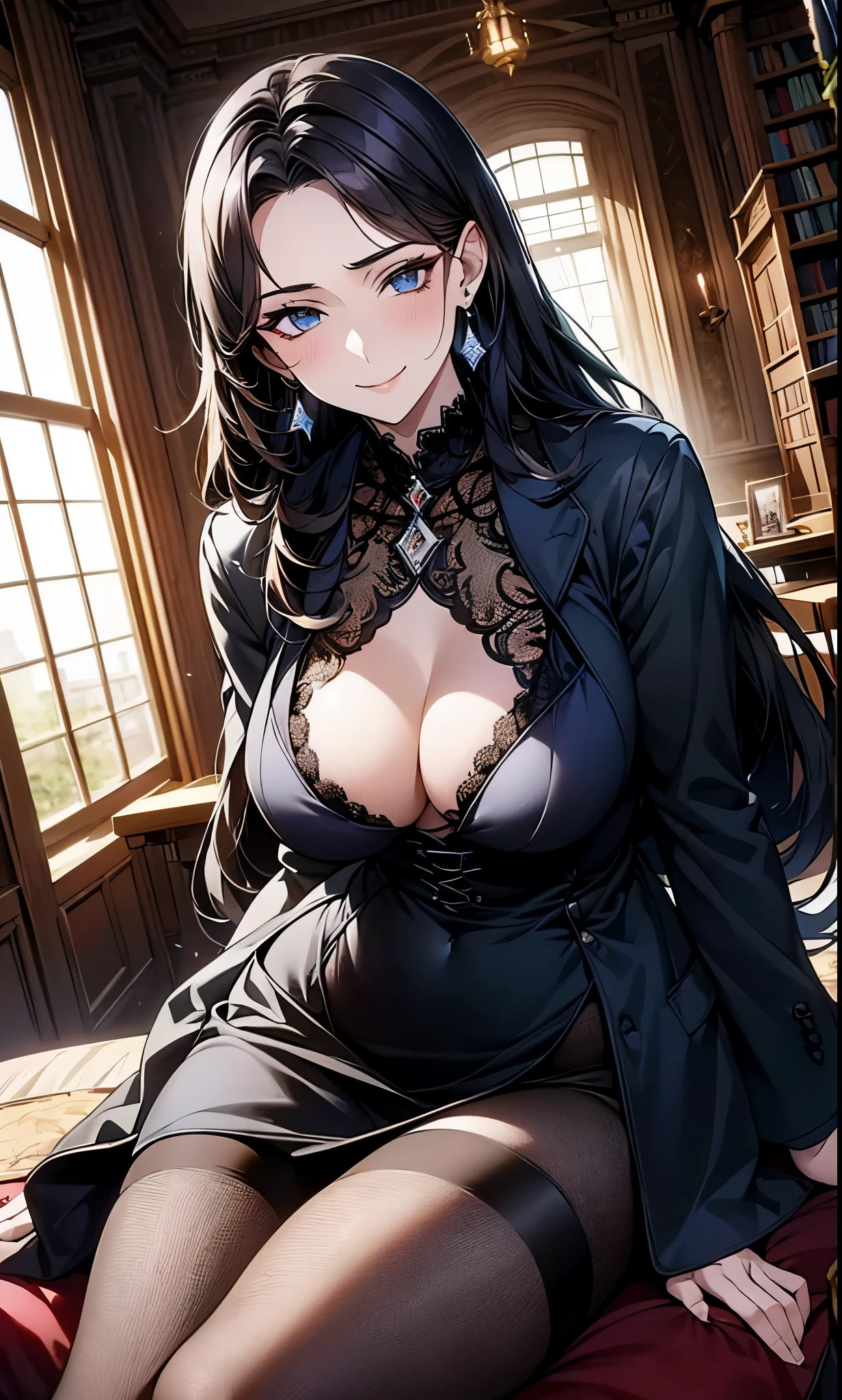 a woman, beautiful librarian, tall (1.80), sexy body, seductive body, adult body, body proportionate to her age, age around 20 years old, adult, Erina Nakiri, woman librarian, long hair, black hair, straight hair up to the back, wearing earring, silver earring, sapphire blue eyes, small nose, well-proportioned nose, aligned nose, professional face, perfect face, delicate face, extremely feminine face, passionate smile, light smile, adult woman wearing formal black dress , medieval style, black skirt, stockings and high heels, ((above average breasts)), perky breasts, promotional breasts on the body, perfect waist, above average ass, black lace fishnet stockings, office environment, sitting on a chair, inside an old library, futuristic library, with open window showing the sunset, posing from the front, looking at the viewer.
