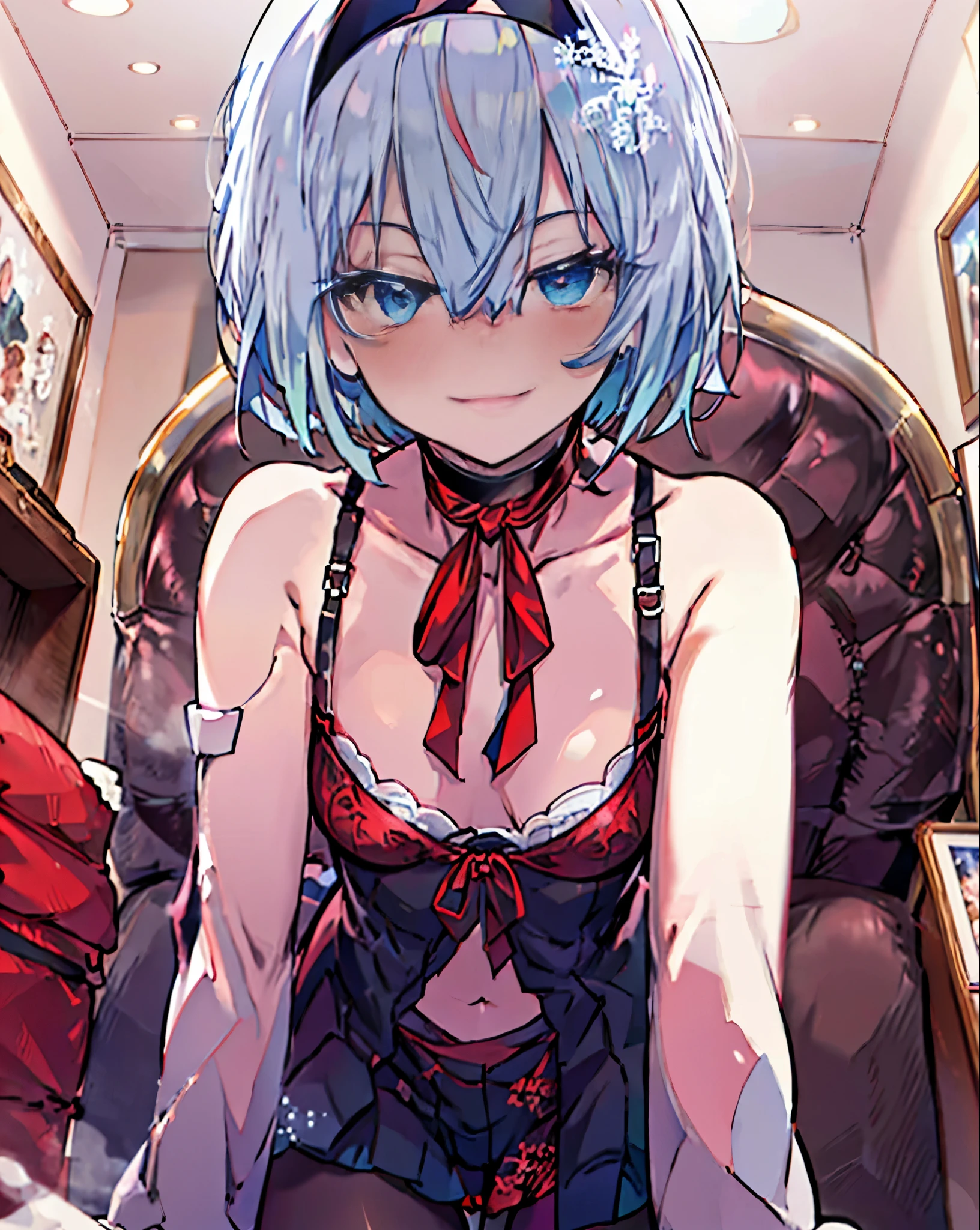 masterpiece,highest quality,High resolution,Super detailed,Oh Ginko,short hair,bangs,hair between eyes,black hairband,Snowflake Hair Ornament,black choker,looking at the viewer, heart-shaped eyes,  blush，close your mouth,smile,show viewer, from below, concentrated, Beyond the particles of light, love hotel bedroom, red bra，red garter belt，red underwear，red tights，small breasts,crawl on all fours,(masterpiece:1.2), highest quality, High resolution, unity 8k wallpaper, (shape:0.8), (beautiful and detailed eyes:1.6), highly detailed face, perfect lighting, Very detailed CG, (perfect hands, perfect anatomy),