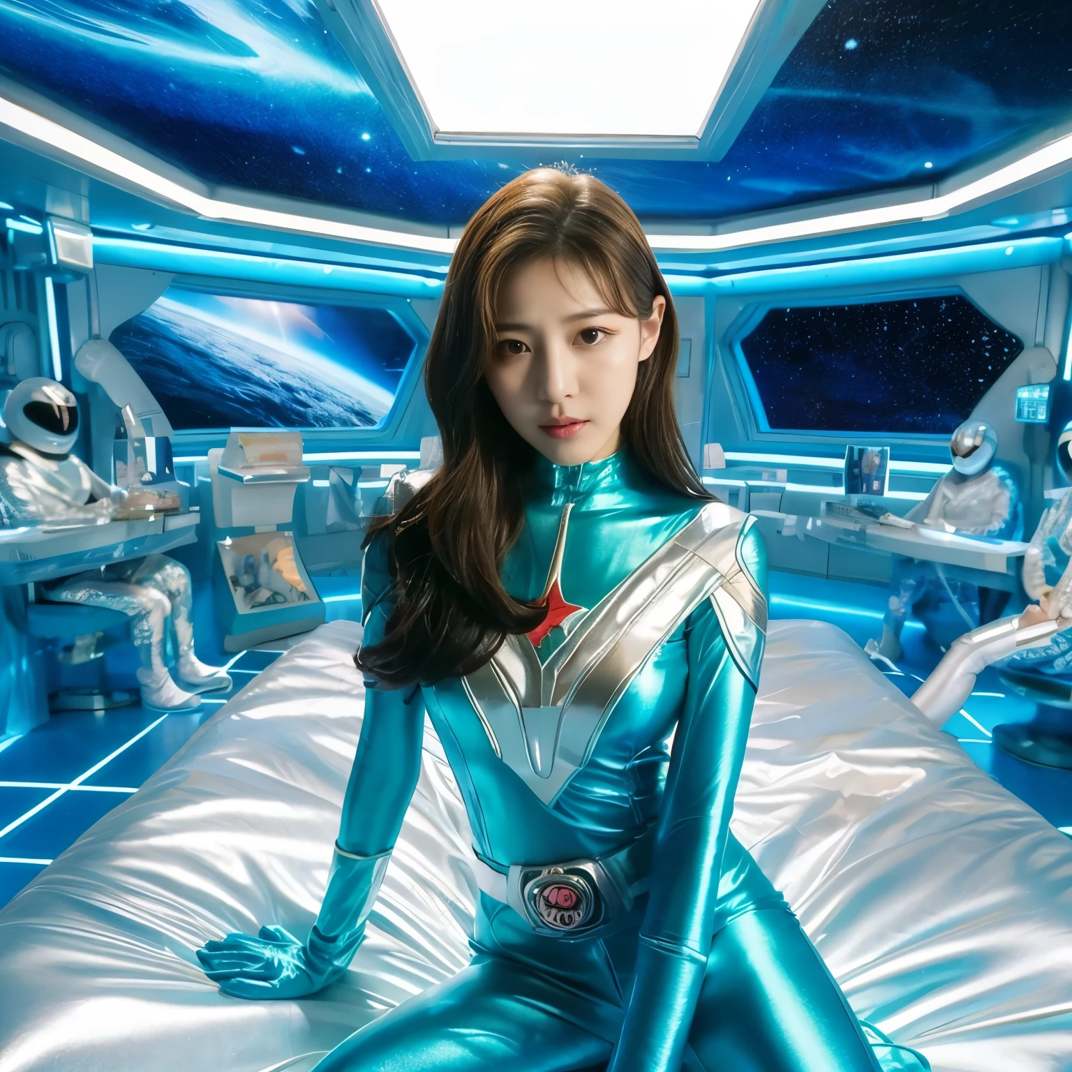 best image quality、Super high resolution、(realism:1.4)、Korean beauty star、The most beautiful KPOP star、face、Horny Korean makeup、erotic expression、A body that makes you want to touch it、Erotic photos、Realistic satin fabric texture、Costume made of stretch satin fabric that is smooth to the touch、The drape of the curved part of the satin fabric、Strong luster of costume、costume quality、8K photo quality、Costume made of high-quality satin fabric with high density、Super-class battle leather cloak with a smooth texture、Super Sentai Women's Heroine Suit、Super-class battleship shiny costumes、Texture of costumes that satin fetishists respond to、Thin, glossy stretch satin fabric、