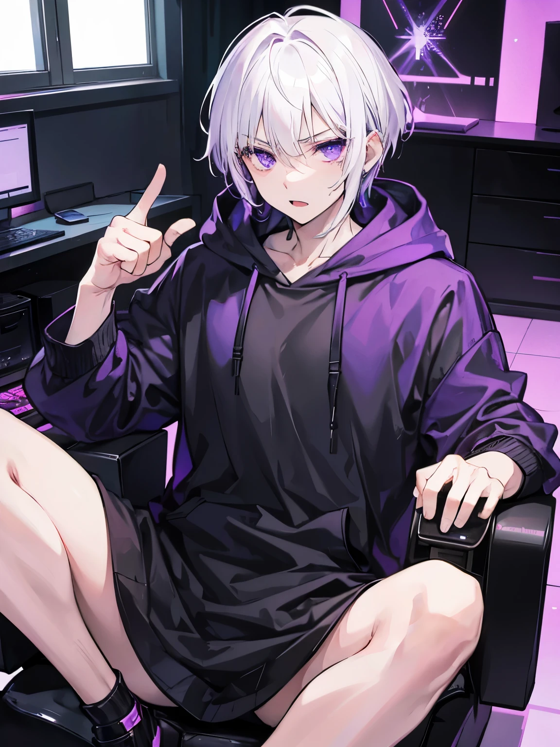 A Man!!! with white hair, purple eyes, taper faid hair, black hoodie, open mouth, badass, cool, gentle, in living room, was sitting in a gaming chair.