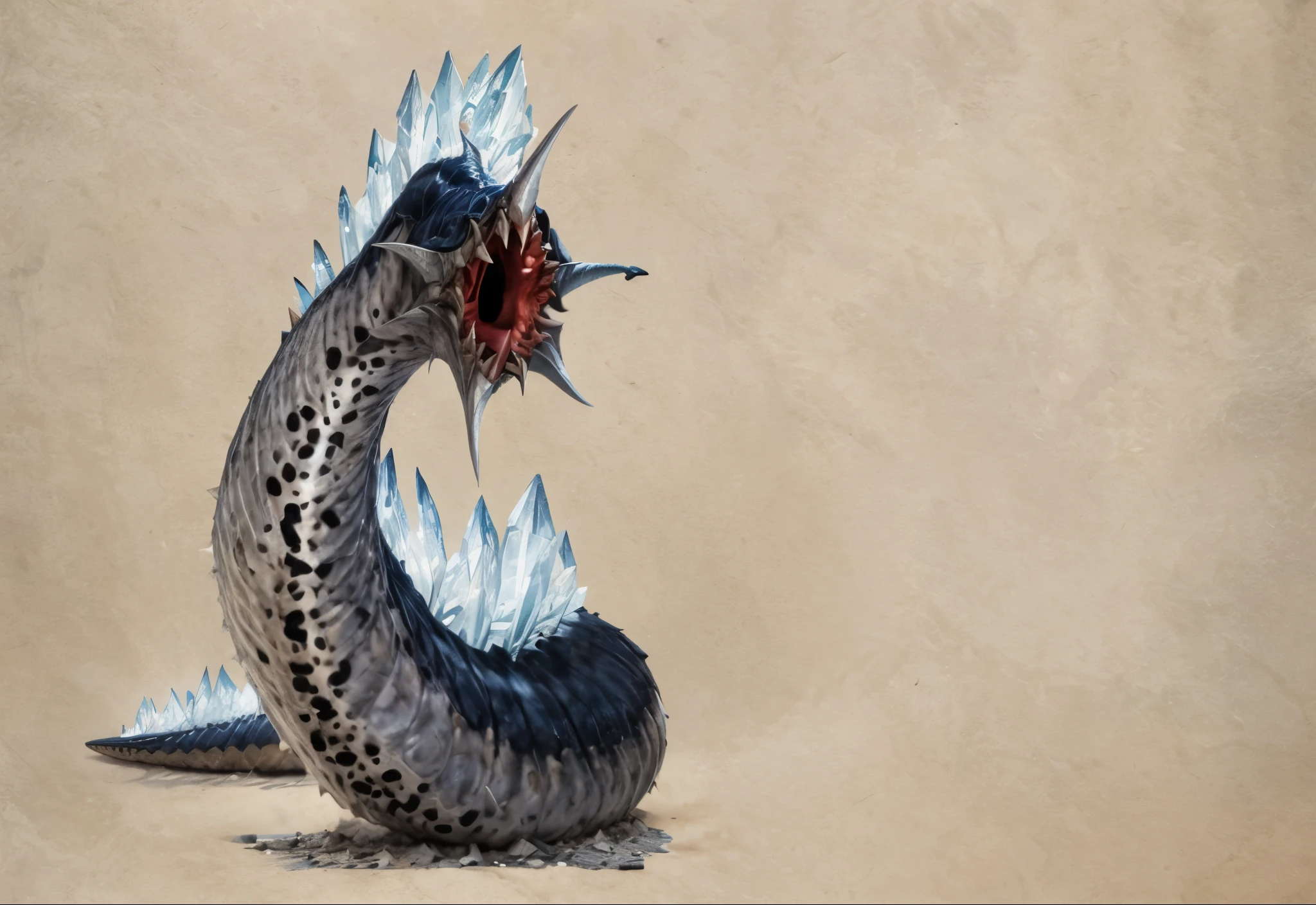 detailed and highly textured intricate digital art, 4k, one giant slimy blue Dune snow-worm with intricate blue matt rough ridged spiky crystal dorsal fin and black spotted body and hundreds of huge gigantic sharp claw-like fangs living in the dungeon, PPL paper background, int the art style of Justin Gerard, Sunny Yun art style, Woo Kim art style, high quality, detailed 4k, photorealistic, dramatic lighting, Artstation, high quality, crisp detail, character design style, dramatic lighting, Beautiful lighting and cinematic composition, dramatic lighting by Zdeněk Burian and John Martin, Artstation Justin Gerard art,