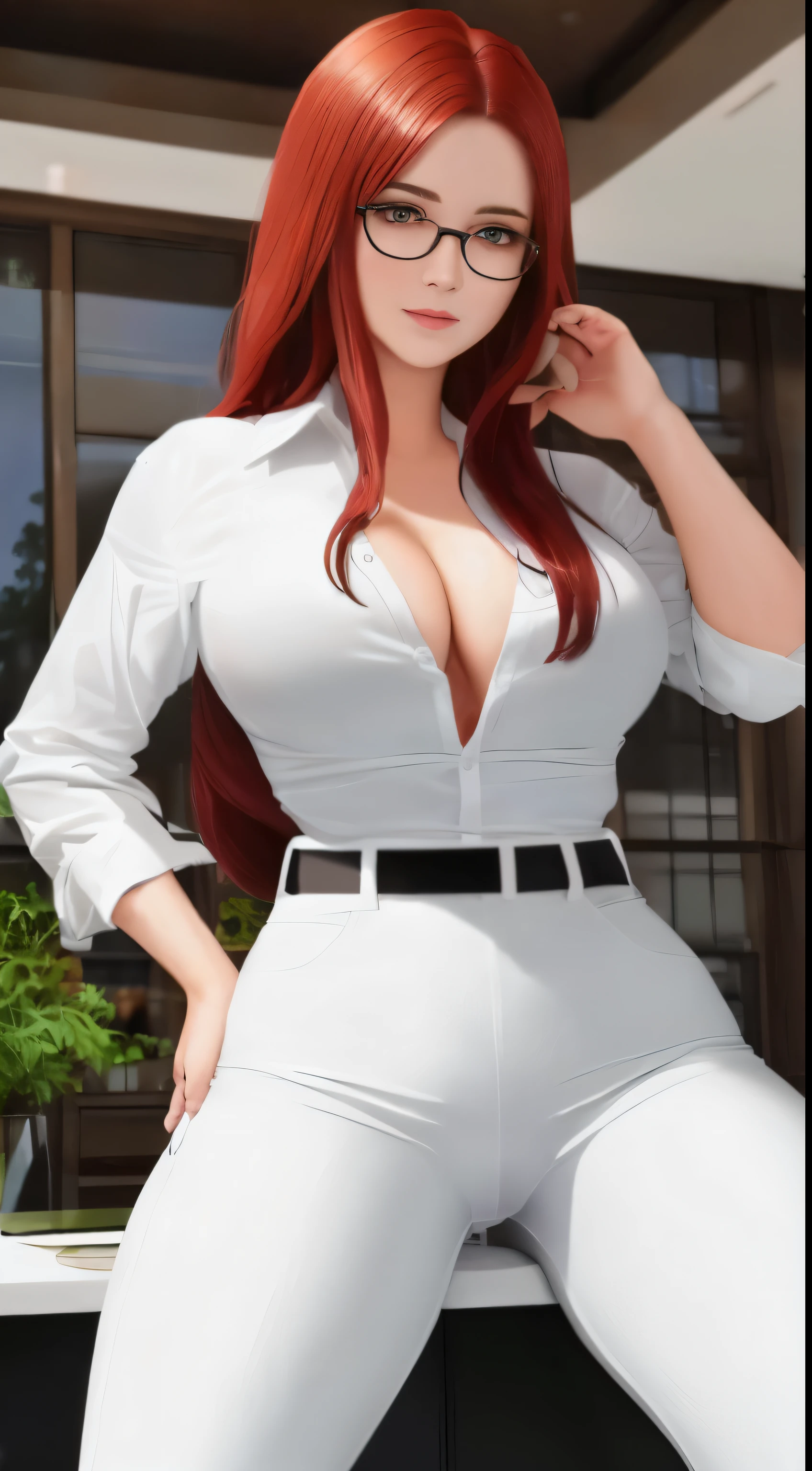 /paint (masterpiece, Best quality), 8K, ultra detailed, realistic photo, Detailed face, perfect lighting, Beautiful eyes, bright red hair, bright hair, nice legs, side photo, beautiful, Cute, skin pores, 1 girl, stand in the office, hiking, Office pants, perfect shirt, fully dressed, beautiful women 20 years old, Beautiful proportions, Russian woman, Caucasian, European, Business lady, stunningly beautiful woman, mother, thick legs, big breasts, (Thin white shirt:1.4), thick, hot, (White Office Wear:1.4), tight pants, (wide hips:1.2), thick, (white Office pants:1.3), spread your legs, Legs open, full length, wide hips, Glasses
