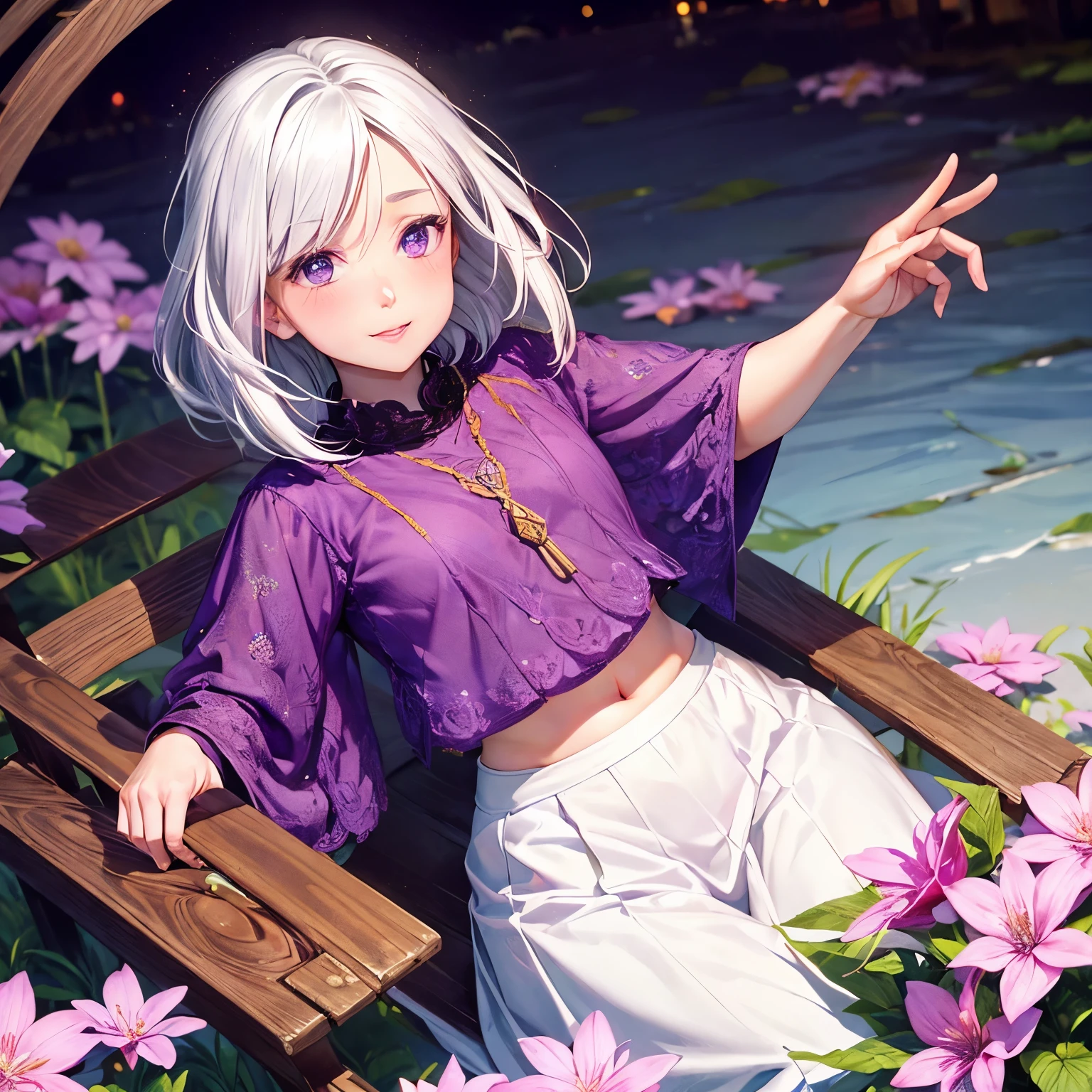 realistic, 1girl, white hair, purple eyes, glowing eyes, crop top, skirt, parted lips, blush, night, flowers, sun, sunlight,