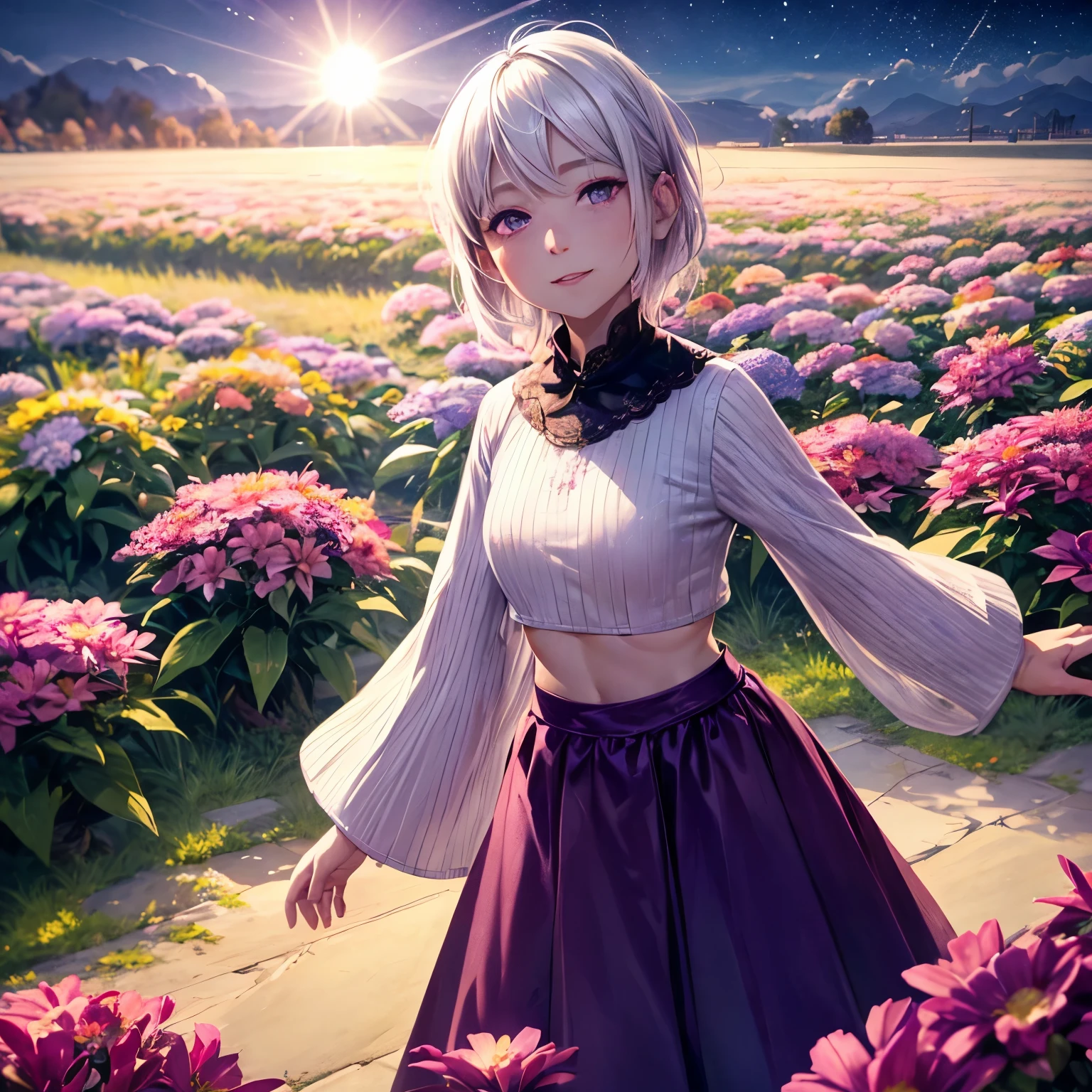 realistic, 1girl, white hair, purple eyes, glowing eyes, crop top, skirt, parted lips, blush, night, flowers, sun, sunlight,