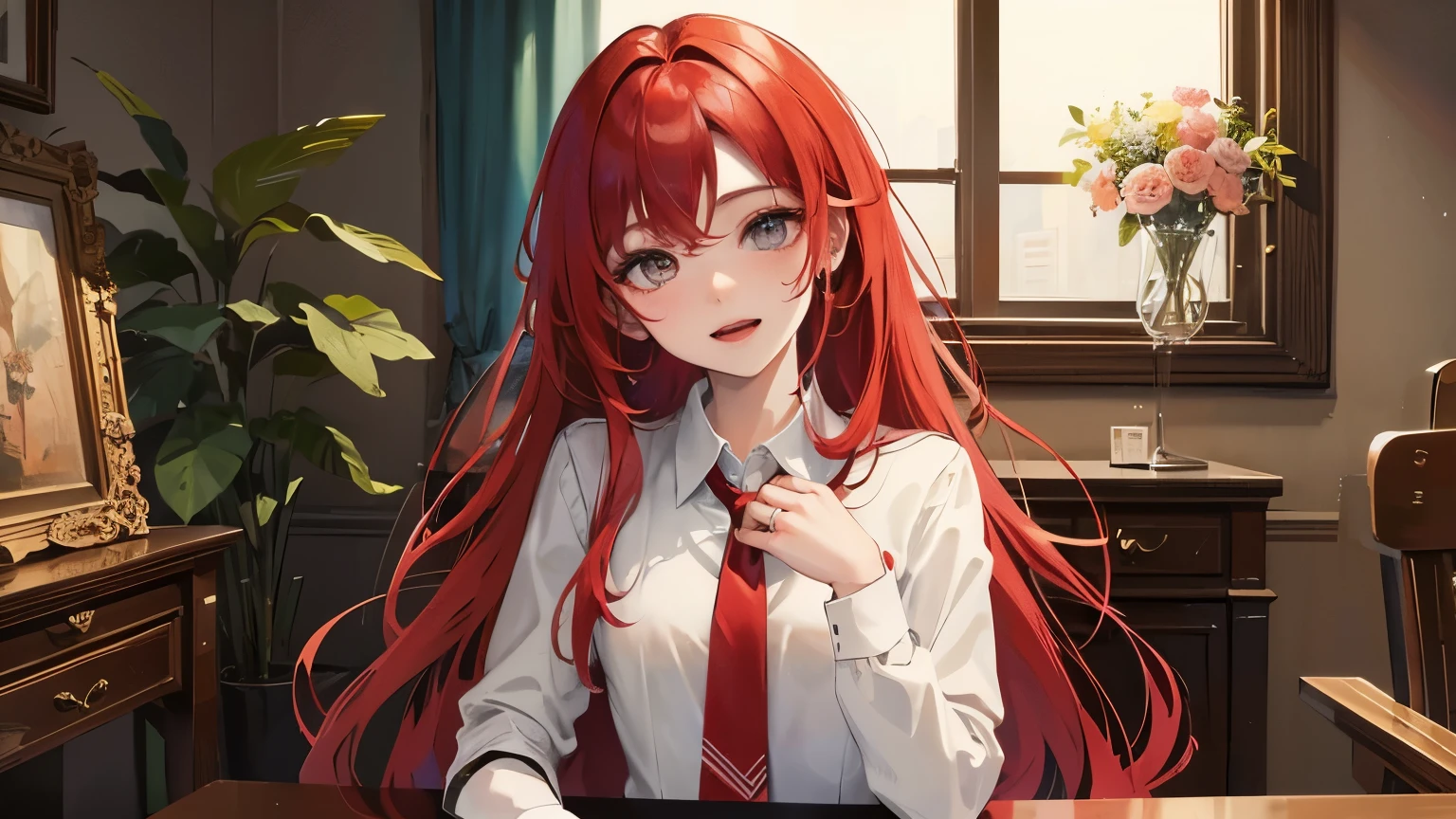 Red long hair, sunshine, masterpiece work, best quality, high resolution;,detail enhancement，best quality，perfect image quality，Beautiful and sexy, One-person viewpoint, small spots under the eyes , pretty, 큰 chest, 8K, ,chest 크게, pure white skin, chest, a lovely smile, Beloved, excitement, beautiful, gray eyes, My heart is pounding,  red hair, glamour, tempting, , table, indoor room, sit on the chair, , shirt, necktie