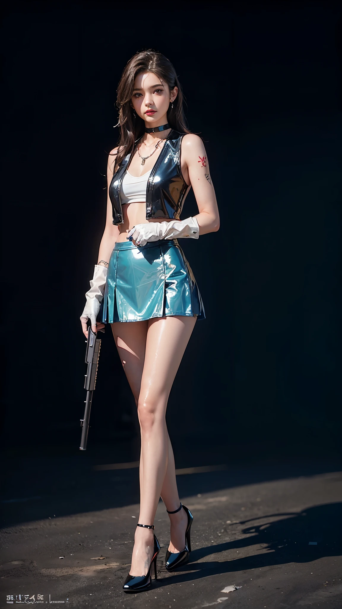 ((masterpiece:1.4)、(top-quality:1.4)、(reallistic:1.7))、masuter piece:1.4、(Top-of-the-line rendering:1.4)、(Female SWAT member of the 73rd Division of the Space Federation:1.4)、Super Beautiful Investigator、(hold a gun:1.2)、Body Fit Sexy Uniform、(Glossy luxury latex:1.4)、(Navy blue sleeveless uniform jacket)、(Underwear White Sexy Super Ultra Bikini)、(Luxury Red Latex:1.4)、(Red pleated mini skirt:1.4)、22year old、(Cute tattoos:1.4)、(Wearing white gloves)、Kawaii Girl、Super beauty、foco nítido、Portrait photos、(Perfect female body:1.4)、perfectly proportions、Full body shooting:1.4、美丽的面容、Fearless look、beautidful eyes、Narrow waist、beauty legs、(length hair:1.2)、Beautiful udder、large full breasts:1.2、Sexy ass、(Standing facing the front:1.4)、Raw photo、red-lips、Red high heels:1.4、a choker:1.4、a necklace:1.4、耳环:1.4、1 screen display、Beautiful night view of Cyberpunk City:1.2