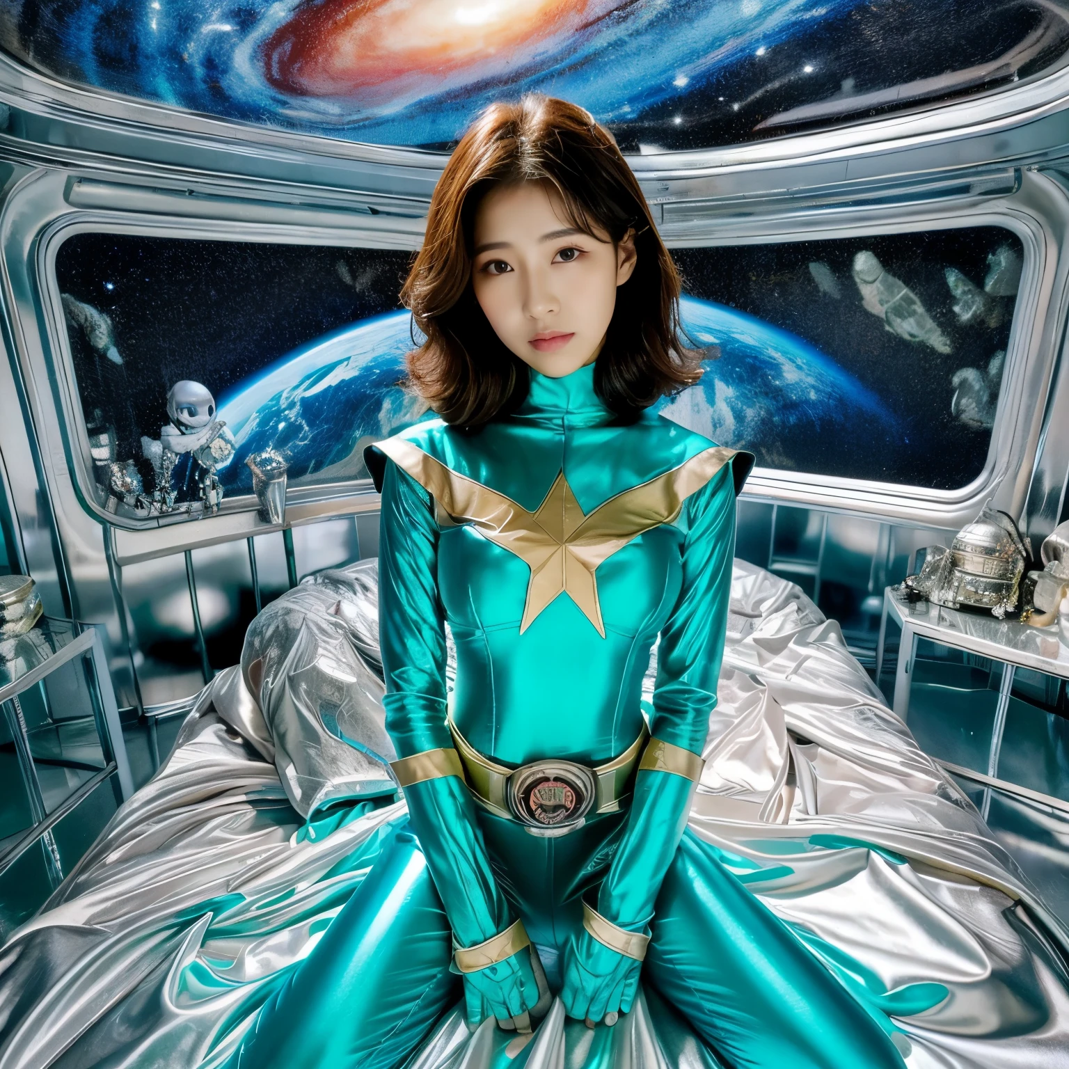 best image quality、Super high resolution、(realism:1.4)、Korean beauty star、The most beautiful KPOP star、face、????? Korean makeup、?????? expression、A body that makes you want to touch it、?????? photos、Realistic satin fabric texture、Costume made of stretch satin fabric that is smooth to the touch、The drape of the curved part of the satin fabric、Strong luster of costume、costume quality、8K photo quality、Costume made of high-quality satin fabric with high density、Super-class battle leather cloak with a smooth texture、Super Sentai Women's Heroine Suit、Super-class battleship shiny costumes、Texture of costumes that satin fetishists respond to、Thin, glossy stretch satin fabric、