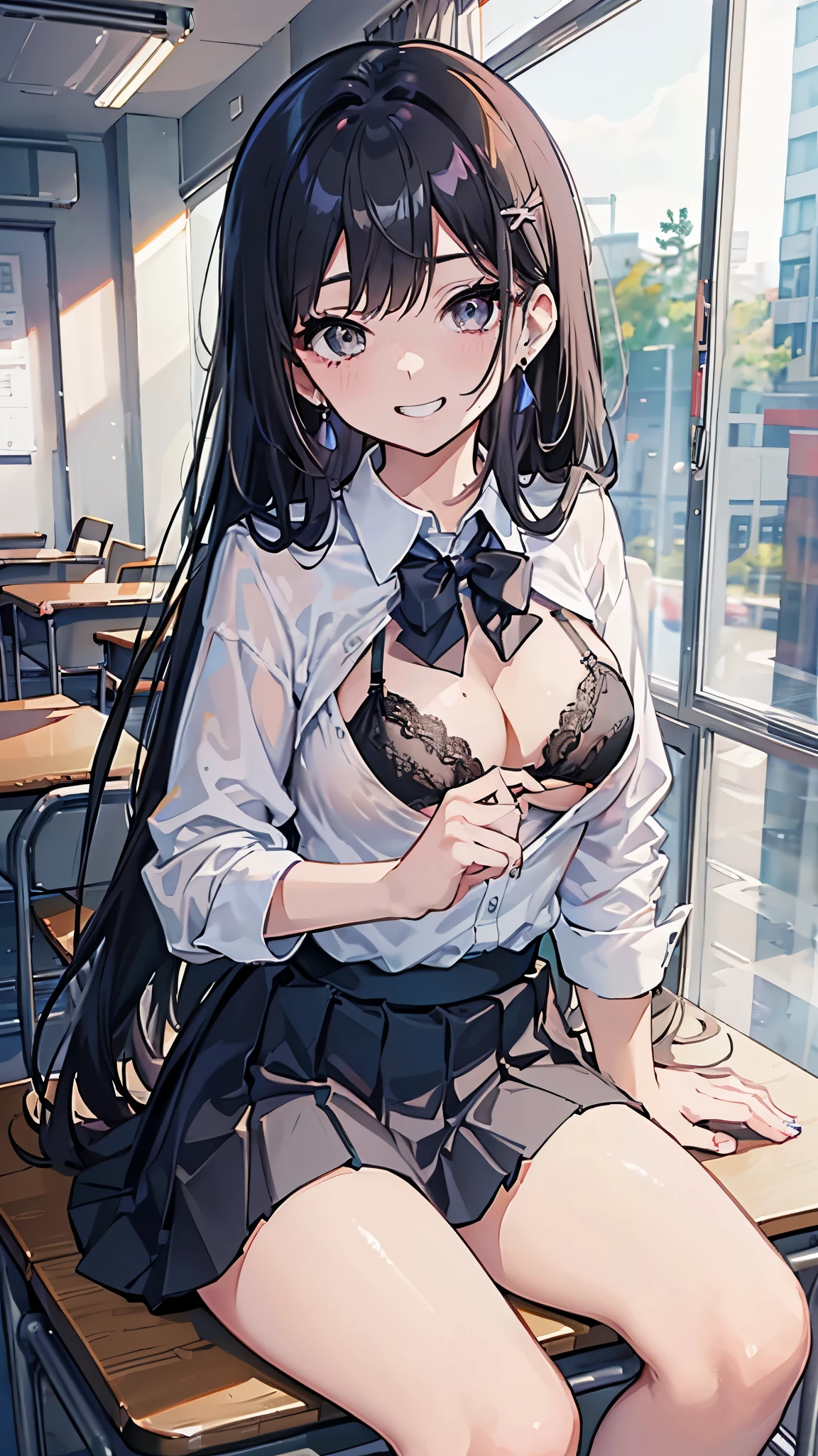 (8K、best image quality、highest quality、masterpiece)、detailed face、1 girl、gyaru、black hair、long hair、gray eyes、earrings、evil smile、((grin))、big breasts、((white collared shirt))、((open clothes))、((black bra))、((black pleated skirt))、((it at desk、open legs、cowboy shot、classroom background