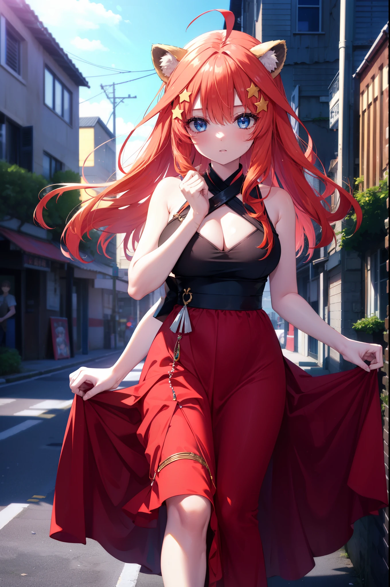 Satsuki Nakano, Itsuki Nakano, bangs, blue eyes, hair between eyes, Ahoge, redhead, star \(symbol\), hair ornaments, star hair ornaments,animal ears, raccoon ears, raccoon tail,red official shoulder dress,long skirt,heel sandals,city,Walking outdoors, city
壊す (masterpiece:1.2), highest quality, High resolution, unity 8k wallpaper, (shape:0.8), (beautiful and detailed eyes:1.6), highly detailed face, perfect lighting, Very detailed CG, (perfect hands, perfect anatomy),