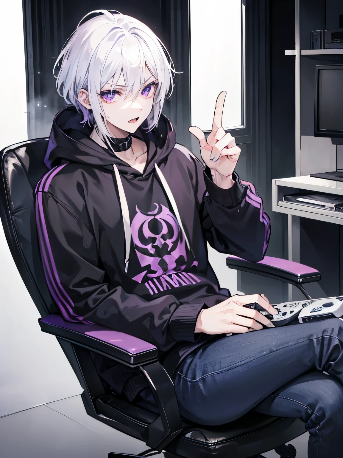 A Man!!! with white hair, purple eyes, taper faid hair, black hoodie, long black jeans, open mouth, badass, cool, gentle, in living room, was sitting in a gaming chair.