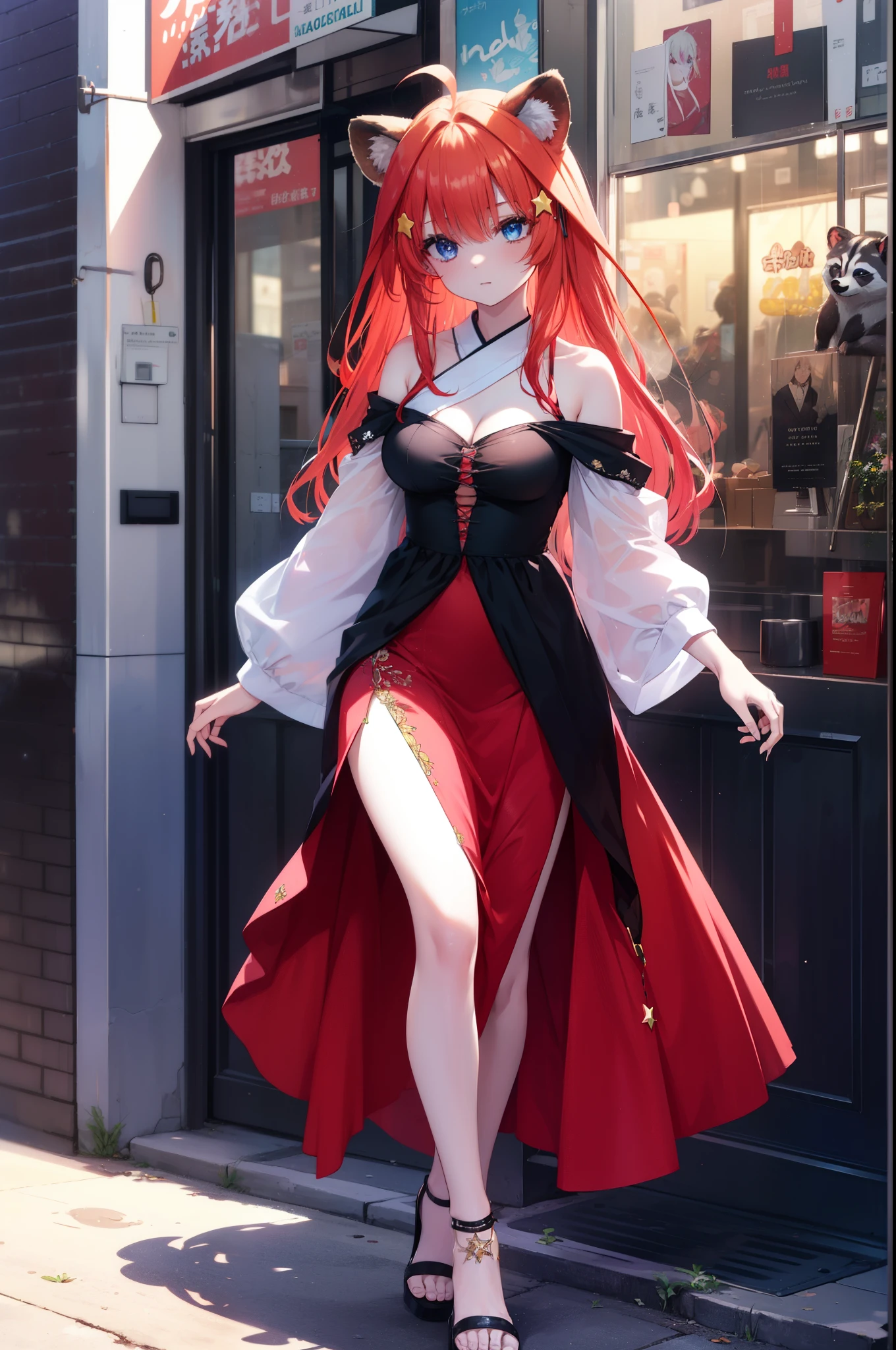 Satsuki Nakano, Itsuki Nakano, bangs, blue eyes, hair between eyes, Ahoge, redhead, star \(symbol\), hair ornaments, star hair ornaments,animal ears, raccoon ears, raccoon tail,red official shoulder dress,long skirt,heel sandals,city,Walking outdoors, city
壊す (masterpiece:1.2), highest quality, High resolution, unity 8k wallpaper, (shape:0.8), (beautiful and detailed eyes:1.6), highly detailed face, perfect lighting, Very detailed CG, (perfect hands, perfect anatomy),