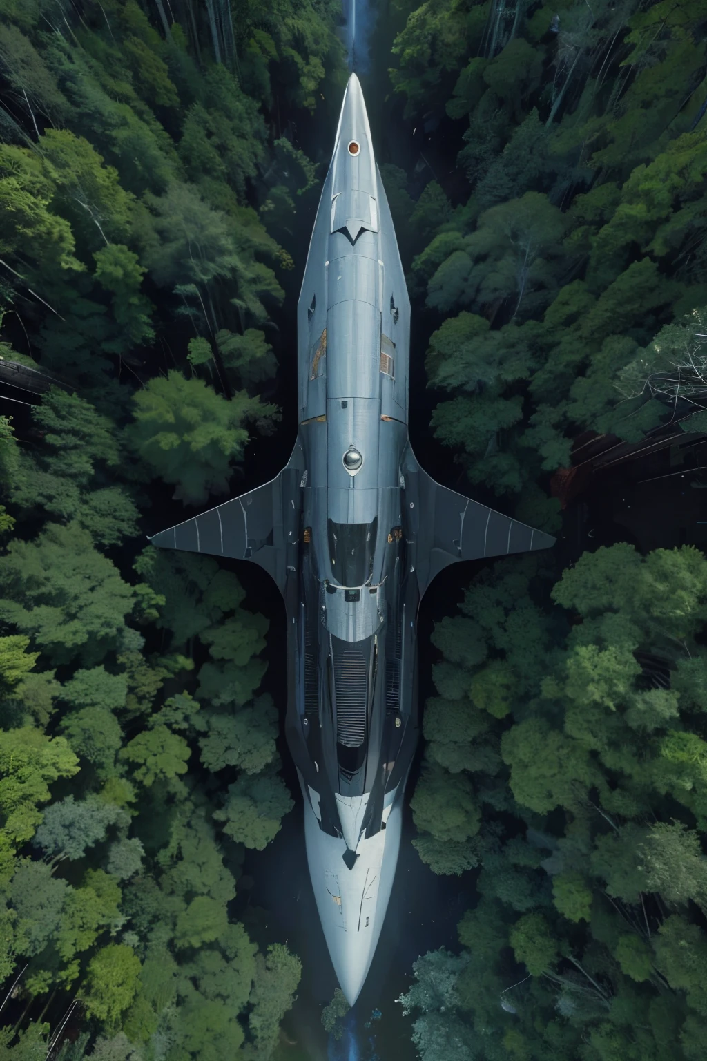 An overhead view of a large spaceship that crashed in a forest area during the Cretaceous period. The spaceship is black and has a streamlined shape. The spacecraft is quite large, over a kilometer in length.