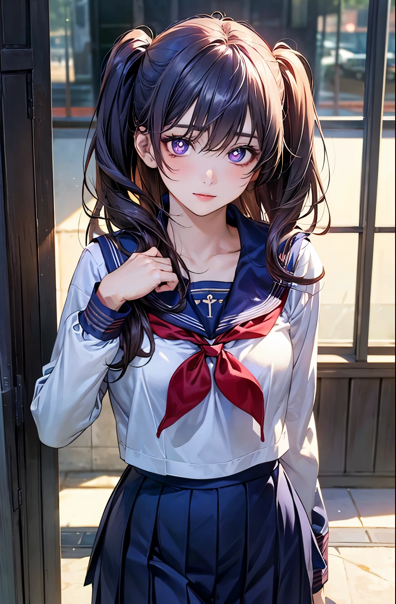 (masterpiece:1.2, top-quality), (realistic, photorealistic:1.4), beautiful illustration, (natural side lighting, movie lighting), nsfw,
looking at viewer, face focus, upper body, 1 girl, japanese, high school girl, perfect face, cute and symmetrical face, shiny skin,
(middle hair:1.5, (two side up:1.2), grey purple hair), hair between eyes, purple eyes, drooping eyes, long eye lasher, (medium breasts), slender,
beautiful hair, beautiful face, beautiful detailed eyes, beautiful clavicle, beautiful body, beautiful chest, beautiful thigh, beautiful legs, beautiful fingers,
((detailed cloth texture, long sleeves cute sailor suit, navy blue pleated skirt, navy blue sailor collar, red sailor scarf)),
(beautiful scenery), winter, evening, (outdoors), , (heart shaped pupils, in heat, aroused),