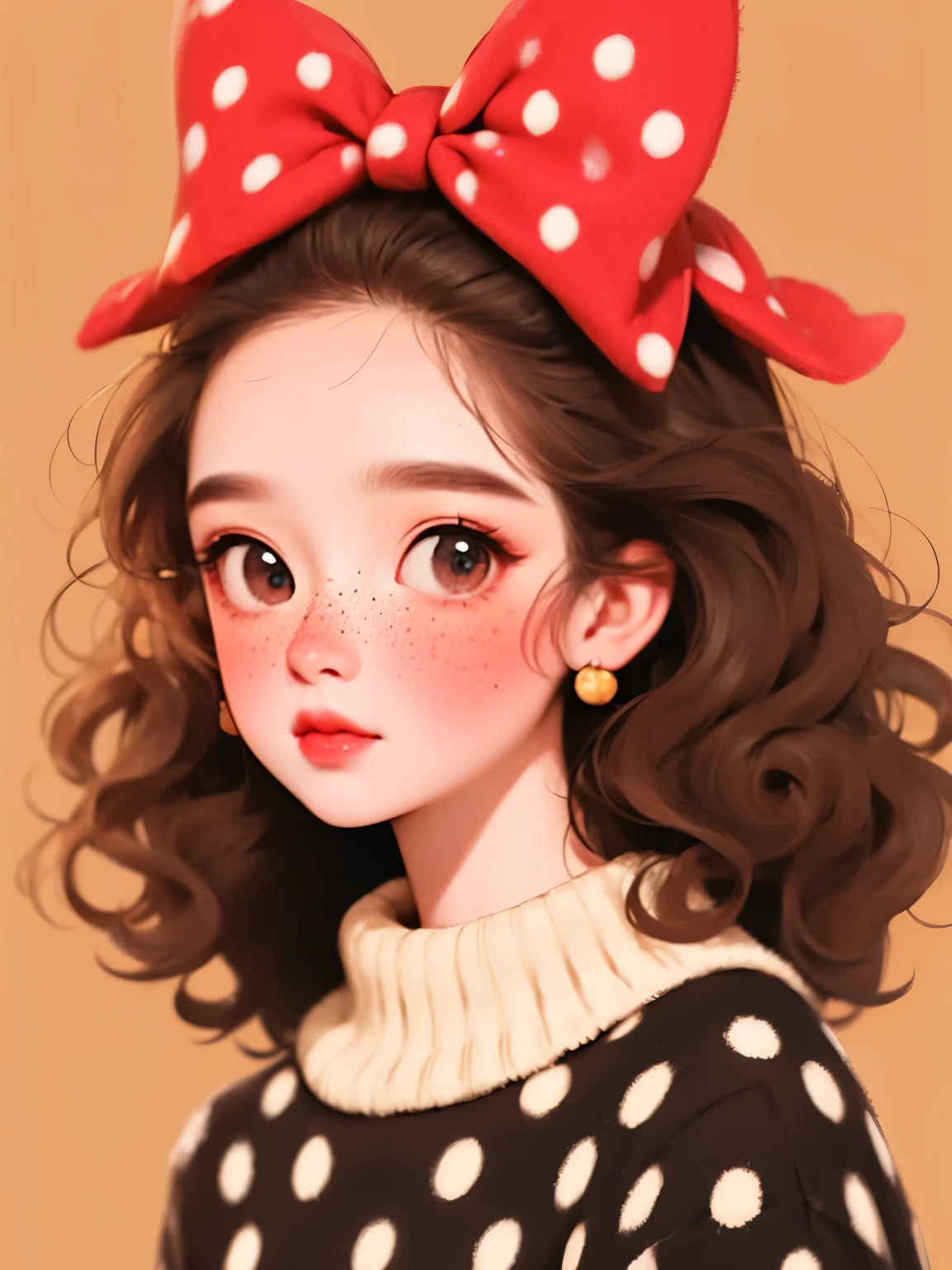 (masterpiece, best quality:1.2), a beautiful girl，Skin details，Detailed drawing of eyes，soft hair curly hair，Wear a large bow on your head，polka dot sweater，small freckles，