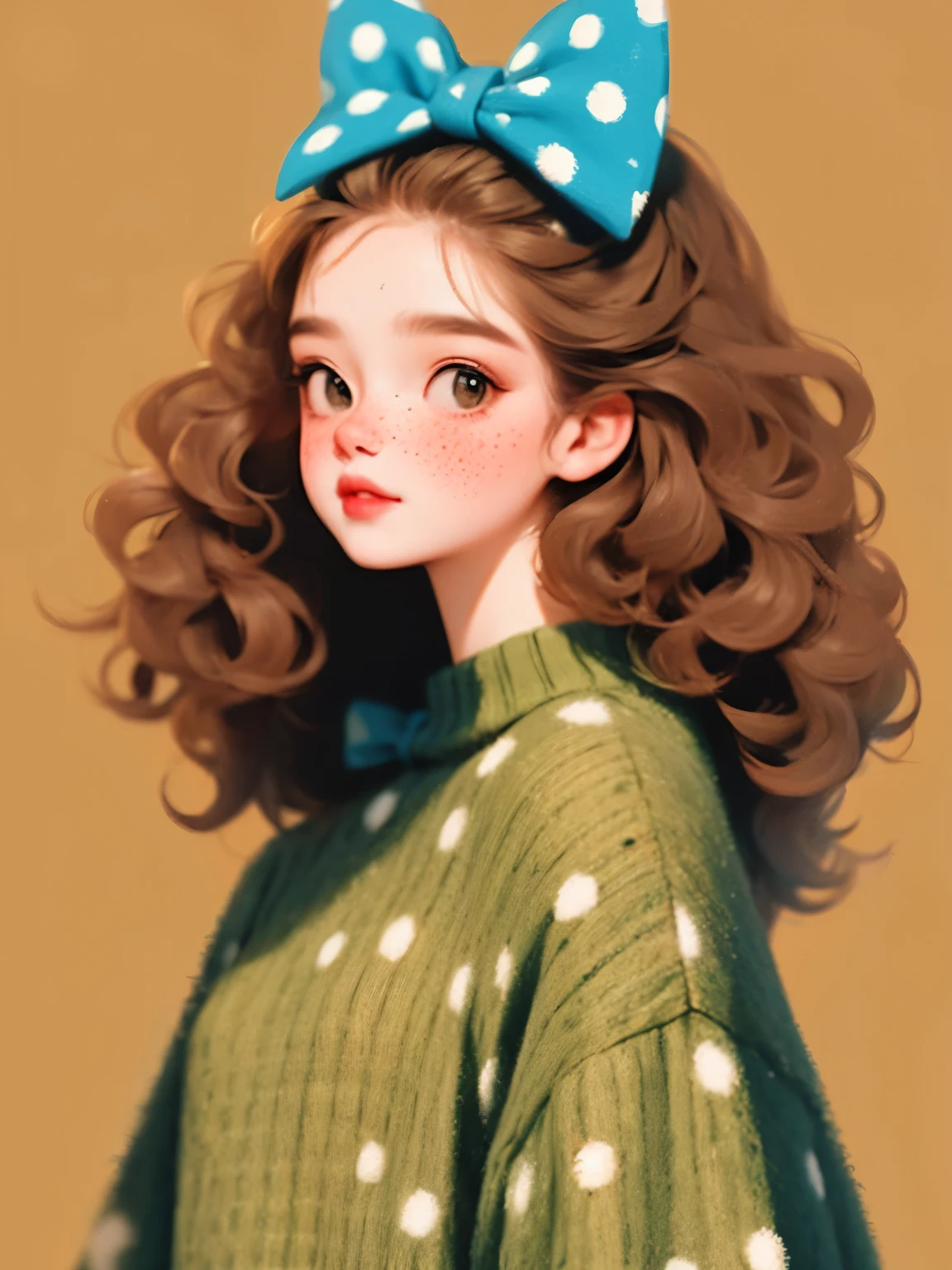 (masterpiece, best quality:1.2), a beautiful girl，Skin details，Detailed drawing of eyes，soft hair curly hair，Wear a large bow on your head，polka dot sweater，small freckles，