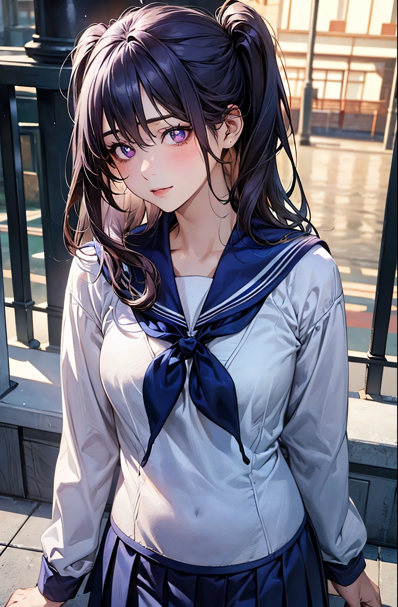 (masterpiece:1.2, top-quality), (realistic, photorealistic:1.4), beautiful illustration, (natural side lighting, movie lighting), nsfw, 
looking at viewer, face focus, upper body, 1 girl, japanese, high school girl, perfect face, cute and symmetrical face, shiny skin, 
(middle hair:1.5, (two side up:1.2), grey purple hair), hair between eyes, purple eyes, drooping eyes, long eye lasher, (medium breasts), slender, 
beautiful hair, beautiful face, beautiful detailed eyes, beautiful clavicle, beautiful body, beautiful chest, beautiful thigh, beautiful legs, beautiful fingers, 
((detailed cloth texture, long sleeves cute sailor suit, navy blue pleated skirt, navy blue sailor collar, red sailor scarf)), 
(beautiful scenery), winter, evening, (outdoors), , (heart shaped pupils, in heat, aroused), 