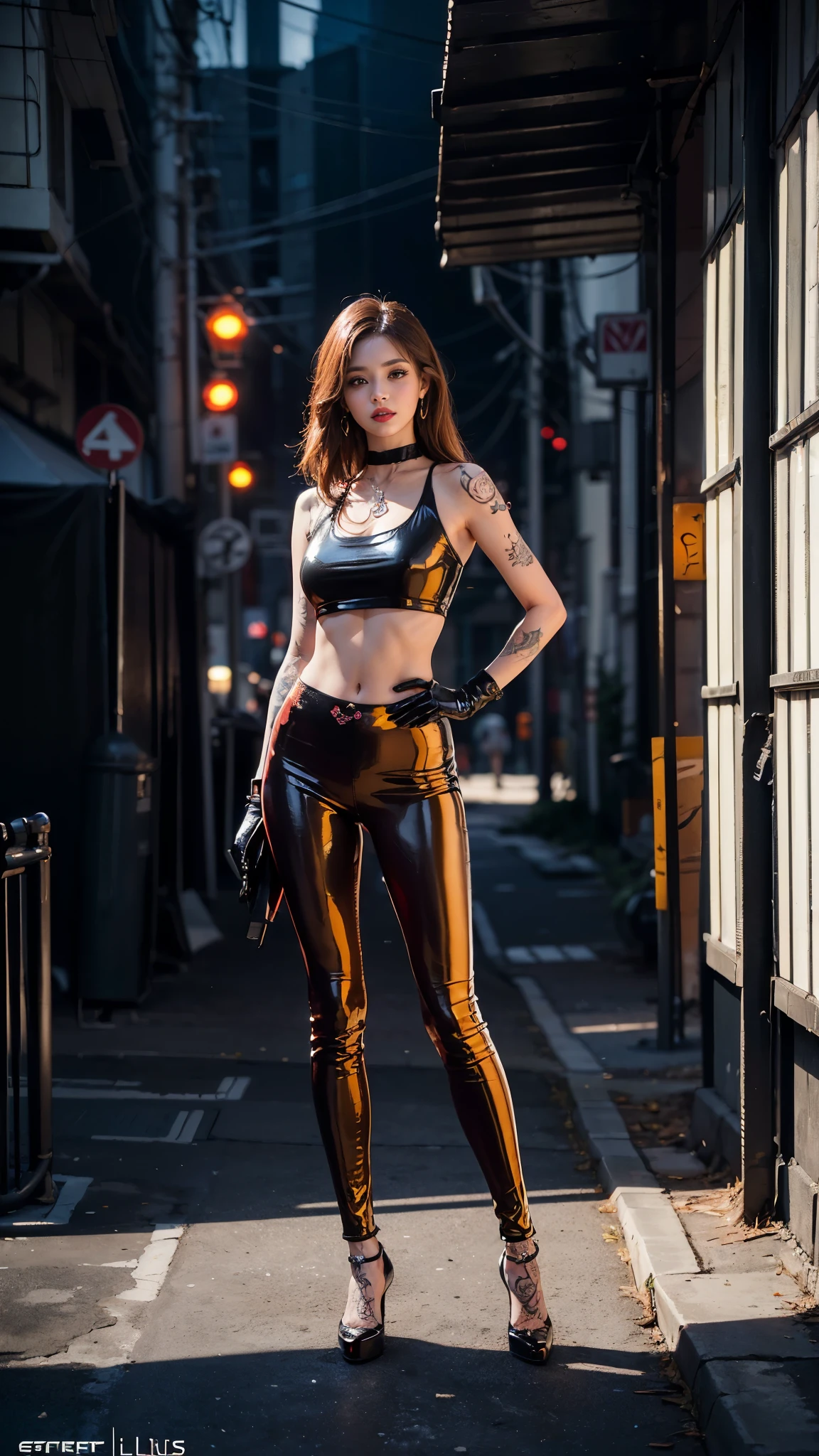 ((masterpiece:1.4)、(highest quality:1.4)、(realistic:1.7))、master piece:1.4、(Finest rendering:1.4)、(Space Federation 3WA special agency female member:1.4)、Super beautifulエージェント、(Written by Luis Royo:1.4)、(hold a gun:1.2)、(Futuristic sci-fi battle fashion:1.2)、(street style wear)、(tight fit pants)、(Luxurious shiny latex:1.4)、(luxury red latex:1.4)、22 years old、(cute tattoo:1.4)、(Wearing black gloves)、cute girl、Super beautiful、(seductive pose)、sharp focus、portrait photography:1.4、8k、realistic photo images:1.4、(perfect female body:1.4)、perfect proportions、(standing:1.4)、(full body photography:1.4)、beautiful face、Fearless look、beautiful eyes、(A girl with a beautiful body that emphasizes her slender abdominal muscles)、narrow waist、(Beautiful girl with long legs and good style:1.4)、beautiful feet、(long hair:1.2)、dark makeup、eye shadow、Glow eye、glow lip、beautiful breasts、big breasts:1.2、sexy butt、(Standing facing the front:1.4)、Raw photo、red lips、red high heels:1.4、choker:1.4、necklace:1.4、earrings:1.4、1 screen display、Beautiful night view of Cyberpunk City:1.2
