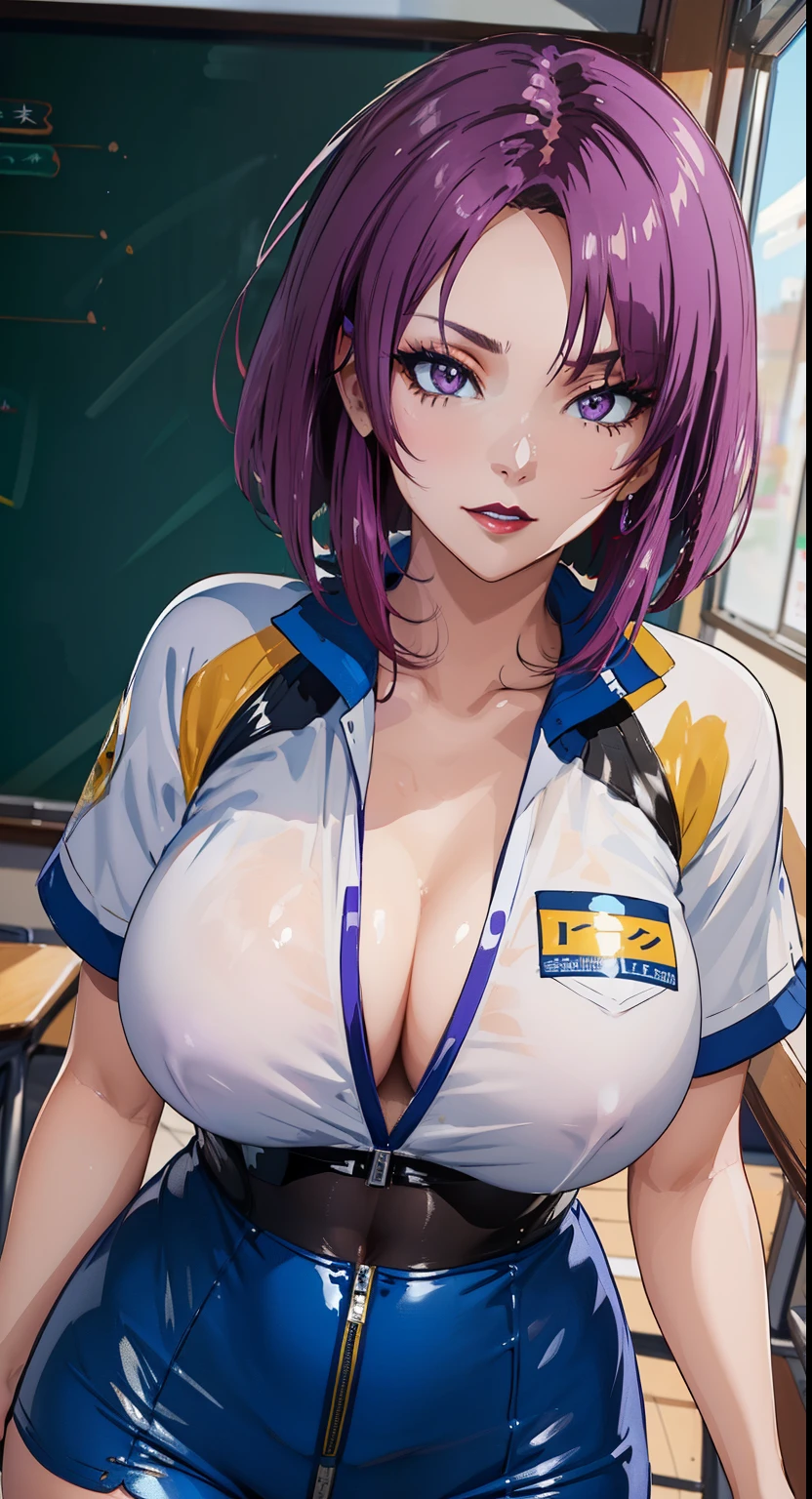 purple eyes, (highest quality, masterpiece painting:1.3), Oboro, mature woman, 26 years old, (half body shot:1.3), , school uniform, (fascinating look:1.5), purple hair, short hair, layered bob hair, (big breasts:1.2), (tight waist:1.1), cleavage, perfect body, (athlete body:1.1), soft skin, anime face, perfect face, (perfect eyes:1.3), shining eyes, purple iris, anime eyes, smoky eyeliner, eye shadow, Asian, looking at the viewer, smart, whiteboard background, classroom, sharp focus, intricate details, professional artwork, (Bright colors:1.1), Bright colors, diffused lighting, digital blending, Super detailed body, ultra detail hair, super detailed face, It&#39;s trending on pixiv, top button opened, shy girl, Cute gaze, compensate, purple lipstick, perfect lips, perfect compensate, Super precise painting,