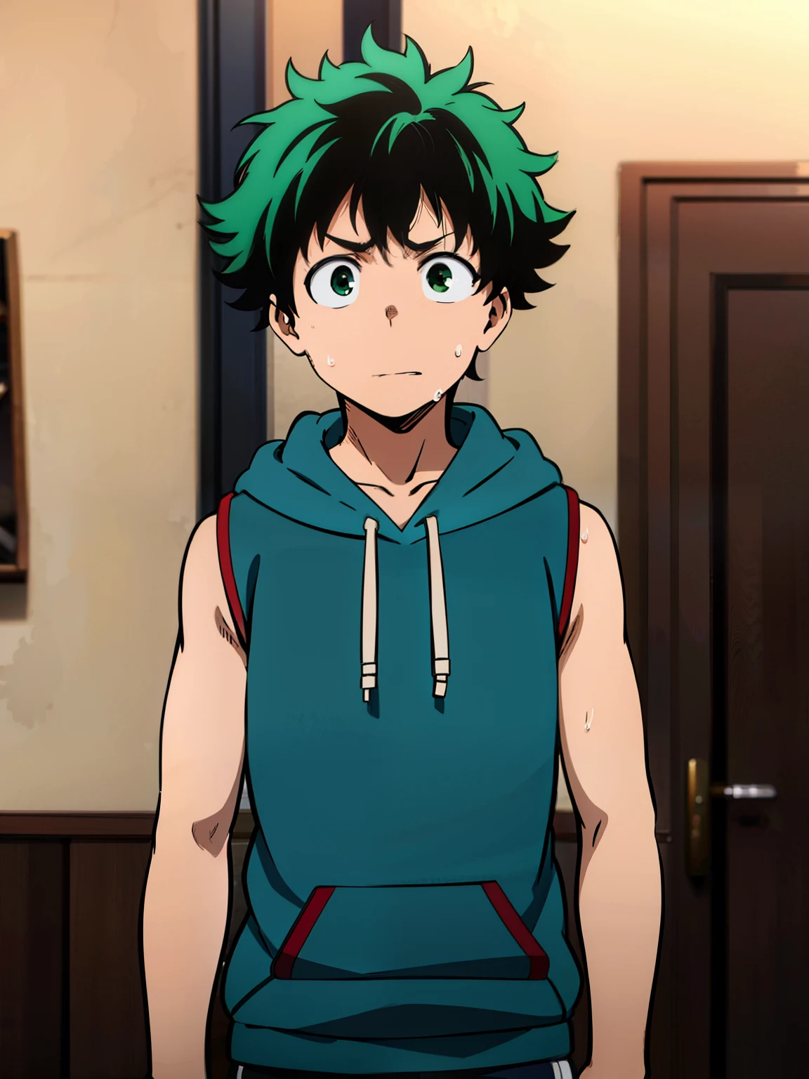 Highres, Masterpiece, Best quality at best,Best Quality,hight quality, hight detailed, Izuku Midoriya, Green hair, Green eye, 1boy, Boy, Sleeveless hoodie, (very young boy), (very small and short body), 12-Year-Old-Boy, Sweat, House beckground