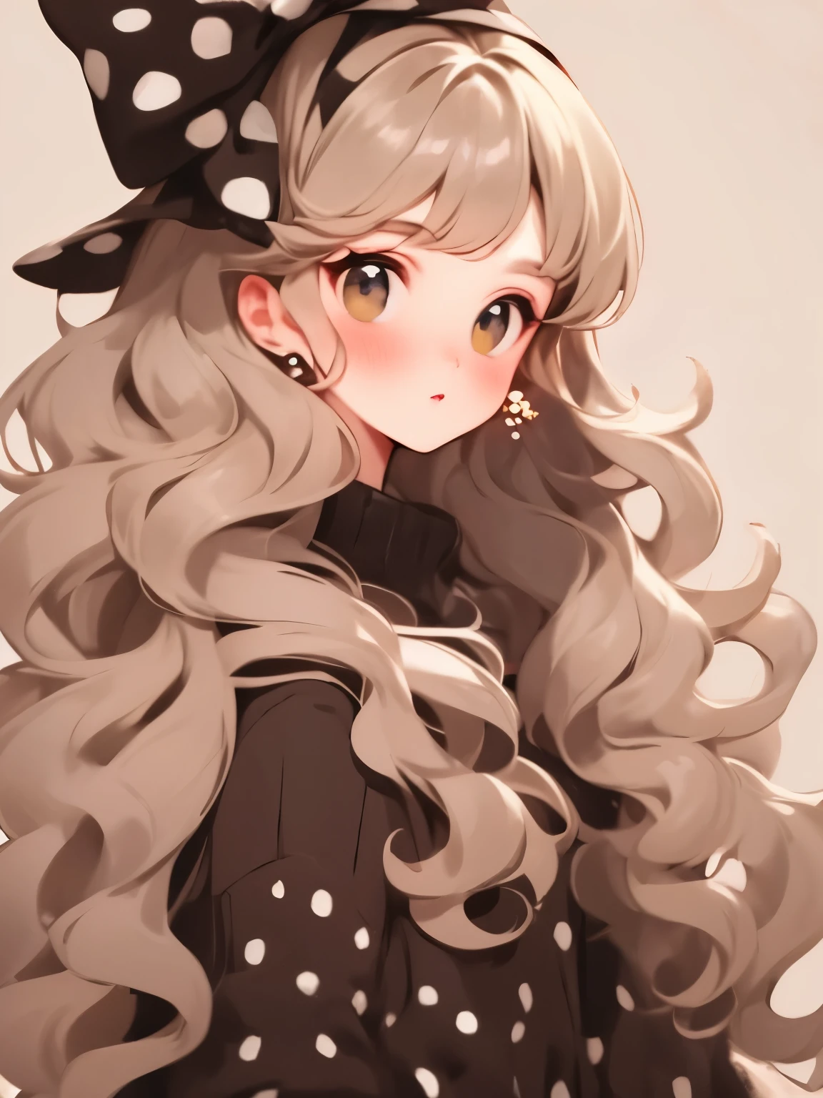 (masterpiece, best quality:1.2),a beautiful girl，wavy long hair，Long light hair，Wear a large bow on your head，Black Sweater，white dots，clean background