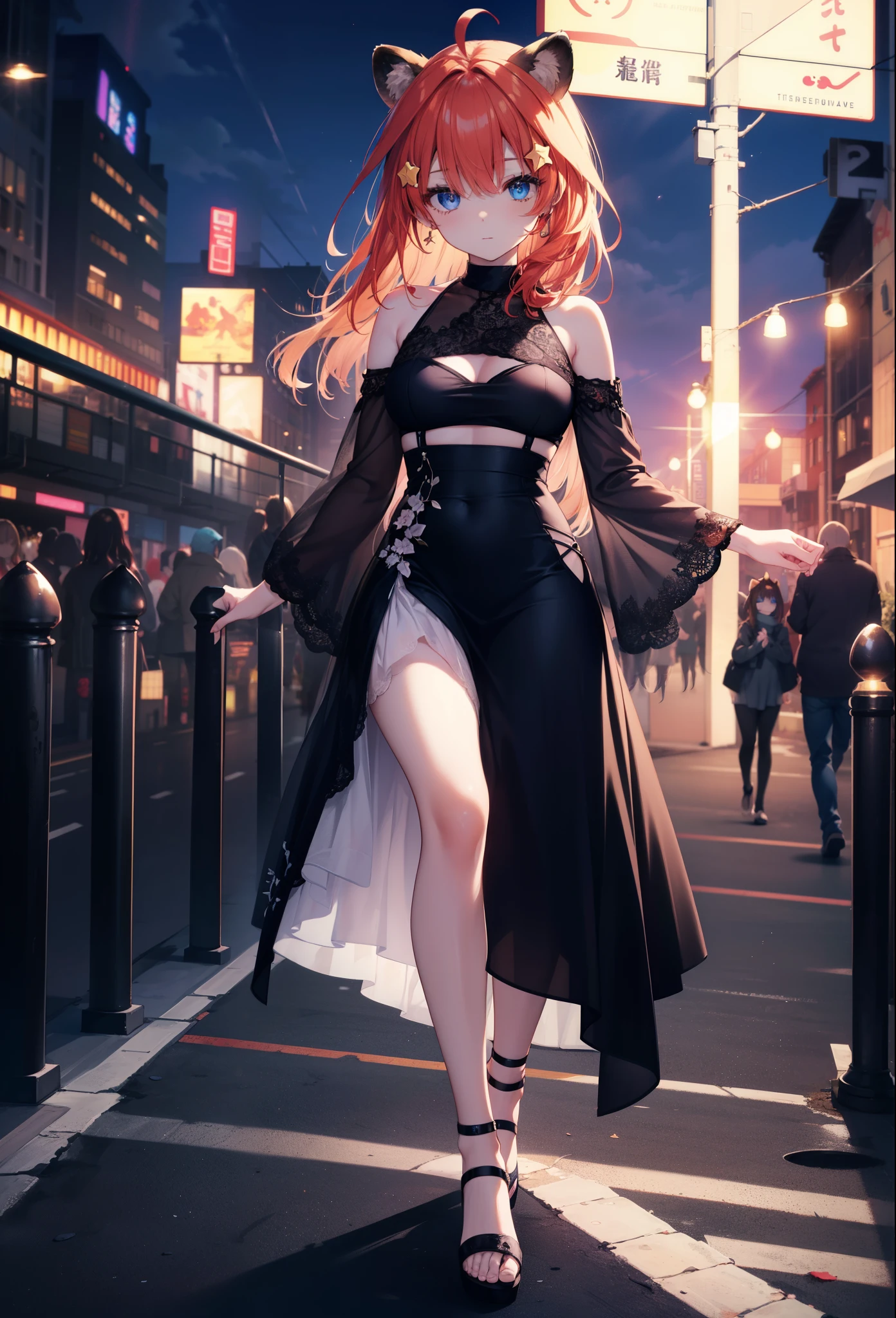 Satsuki Nakano, Itsuki Nakano, bangs, blue eyes, hair between eyes, Ahoge, redhead, star \(symbol\), hair ornaments, smile,blush,star hair ornaments,animal ears, raccoon ears, raccoon tail,bare shoulders,red official shoulder dress,long skirt,heel sandals,city,Walking outdoors, city
壊す (masterpiece:1.2), highest quality, High resolution, unity 8k wallpaper, (shape:0.8), (beautiful and detailed eyes:1.6), highly detailed face, perfect lighting, Very detailed CG, (perfect hands, perfect anatomy),