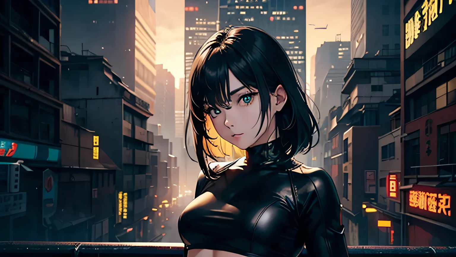 4K, A high resolution, Best quality at best, masterpiece, perfect colors, perfect shadow, perfect litthing, ((sportrait)), 1woman, fit-muscled body, bright yellow eyes,dark blue hair , blue eyes, With round lenses, The audience watched carefully, (s face: 1.2), Perfect female figure, ((standing)), ((yellow Tight crop top leather suit)), ((shy and looking at viewert)), (Perfect thick white eyebrows) Delicate fur, 详细s face, s the perfect face, At a fantasy cyberpunk city , (model pose standing), cyberpunk rooftop at dusk, with dramatic lighting and shadows casting an eerie glow over the abandoned machinery and decaying architecture, creating a haunting atmosphere, lighting atmosphere, ((Bonifasko lighting)), (The round lenses on his eyes)(詳細な目), Perfect student, face close up