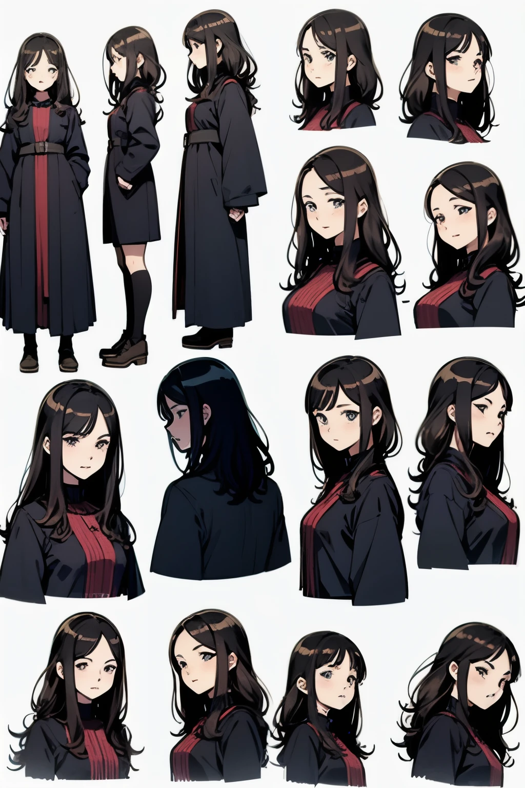 Girl character sheet, multiple poses and expressions, white background, children's book illustration style, 16 years old, black wavy hair, BLUE eyes, clothes Black in style medieval, light skin, simplesmente, cute.