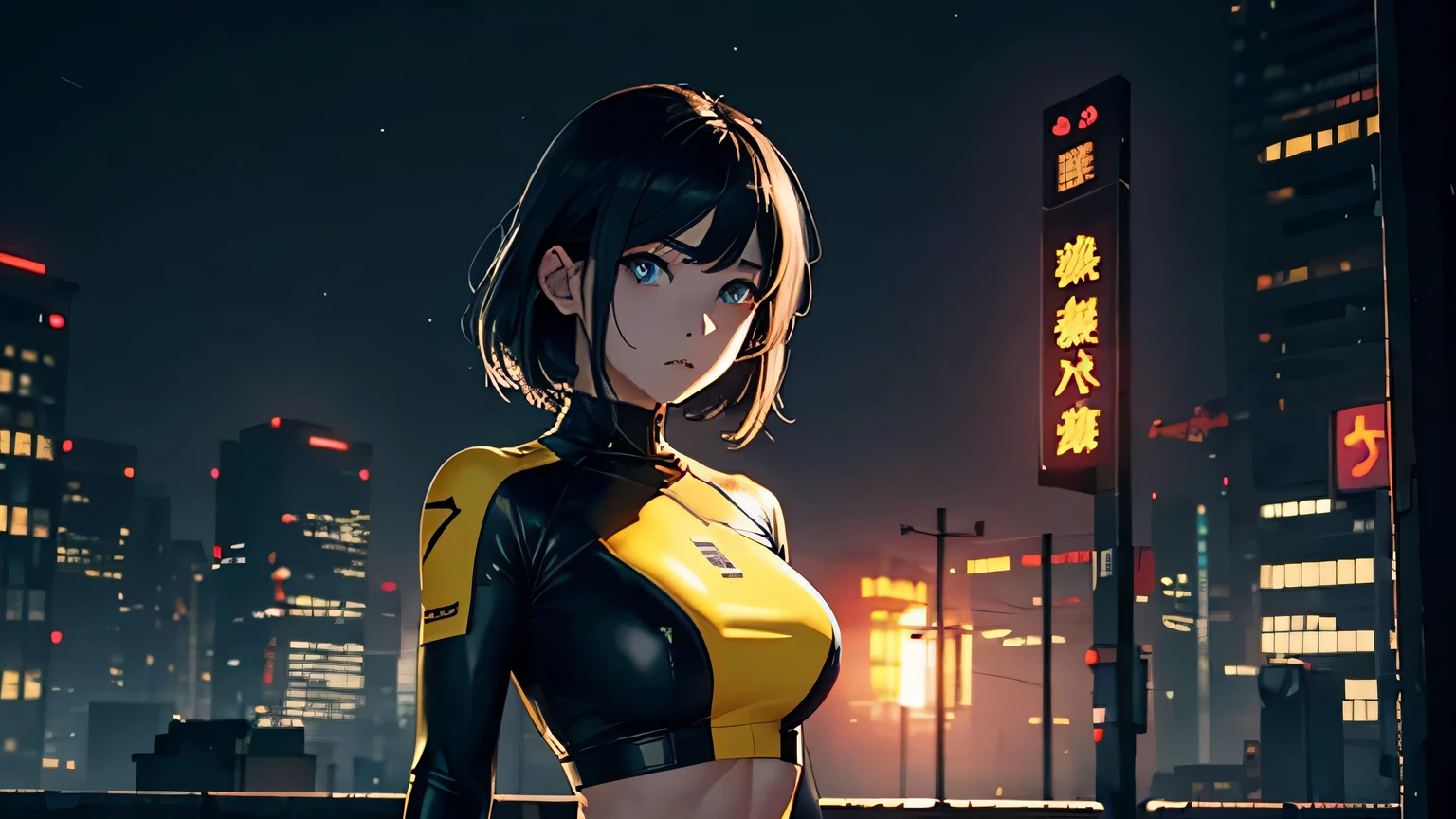 4K, A high resolution, Best quality at best, masterpiece, perfect colors, perfect shadow, perfect litthing, ((sportrait)), 1woman, fit-muscled body, bright yellow eyes,dark blue hair , blue eyes, With round lenses, The audience watched carefully, (s face: 1.2), Perfect female figure, ((standing)), ((yellow Tight crop top leather suit)), ((shy and looking at viewert)), (Perfect thick white eyebrows) Delicate fur, 详细s face, s the perfect face, At a fantasy cyberpunk city , (model pose standing), cyberpunk rooftop at dusk, with dramatic lighting and shadows casting an eerie glow over the abandoned machinery and decaying architecture, creating a haunting atmosphere, lighting atmosphere, ((Bonifasko lighting)), (The round lenses on his eyes)(詳細な目), Perfect student, face close up