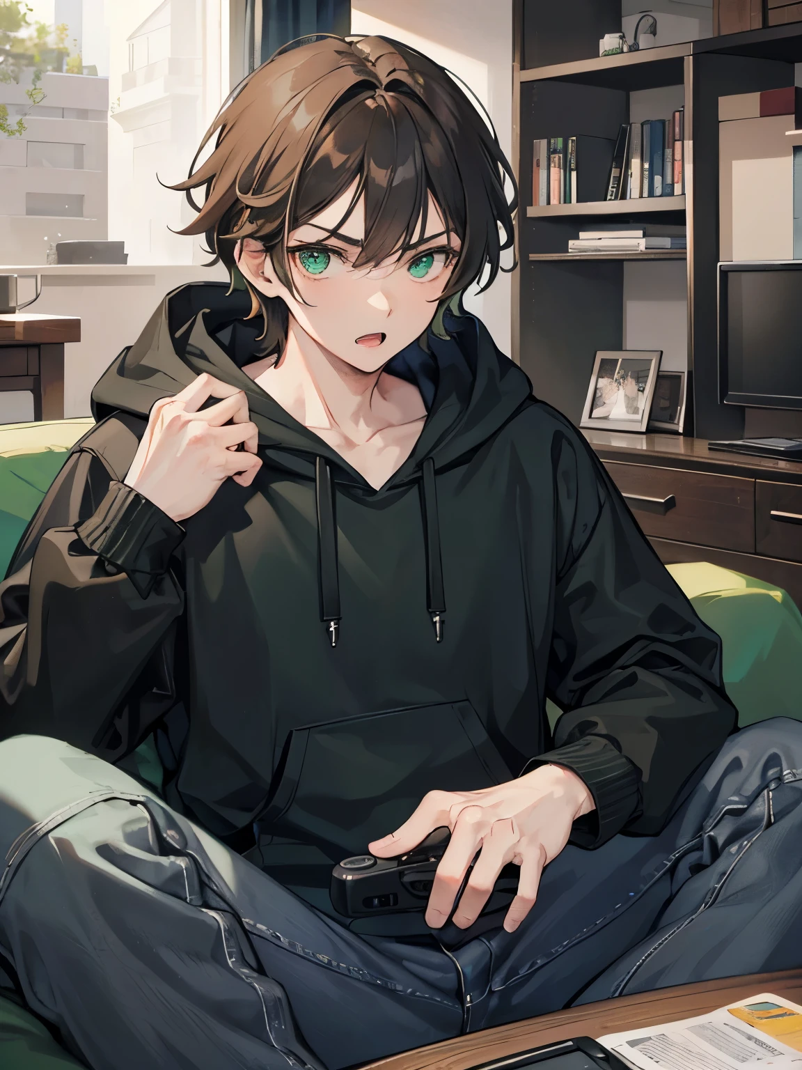 A Man!!! with brown hair, green eyes, taper faid hair, black hoodie, long black jeans, open mouth, badass, cool, gentle, in living room, was sitting in a gaming chair.