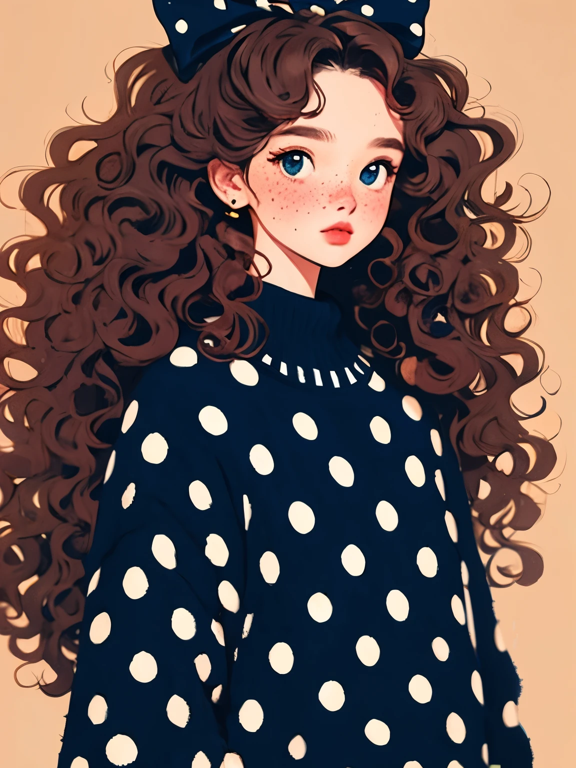 (masterpiece, best quality:1.2), a beautiful girl，soft hair curly hair，Large bow，polka dot sweater，small freckles，