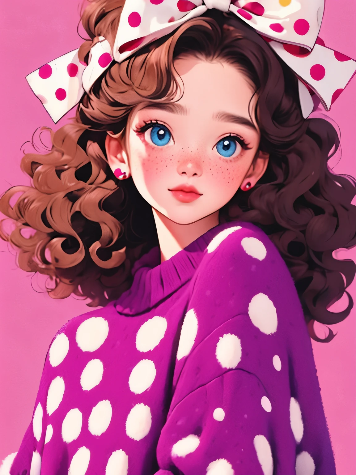 (masterpiece, best quality:1.2), a beautiful girl，soft hair curly hair，Large bow，polka dot sweater，small freckles，