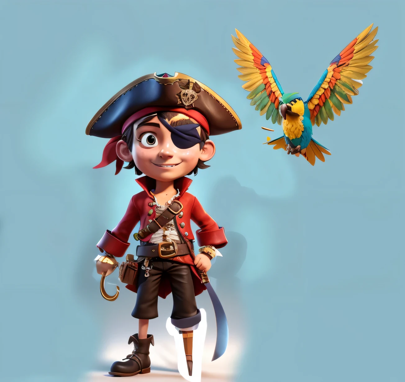 photo RAW,(young pirate with a parrot on his shoulder, Disney cartoon atmosphere, in the style of Toni Infante, Glenn Brown style, masterpiece, highly detailed, digital painting, best quality, highres, detailed work, post-processing, perfect result), masterpiece, award winning photography, lighting, perfect composition, high detail, hyper realistic,dramatic lighting, epic