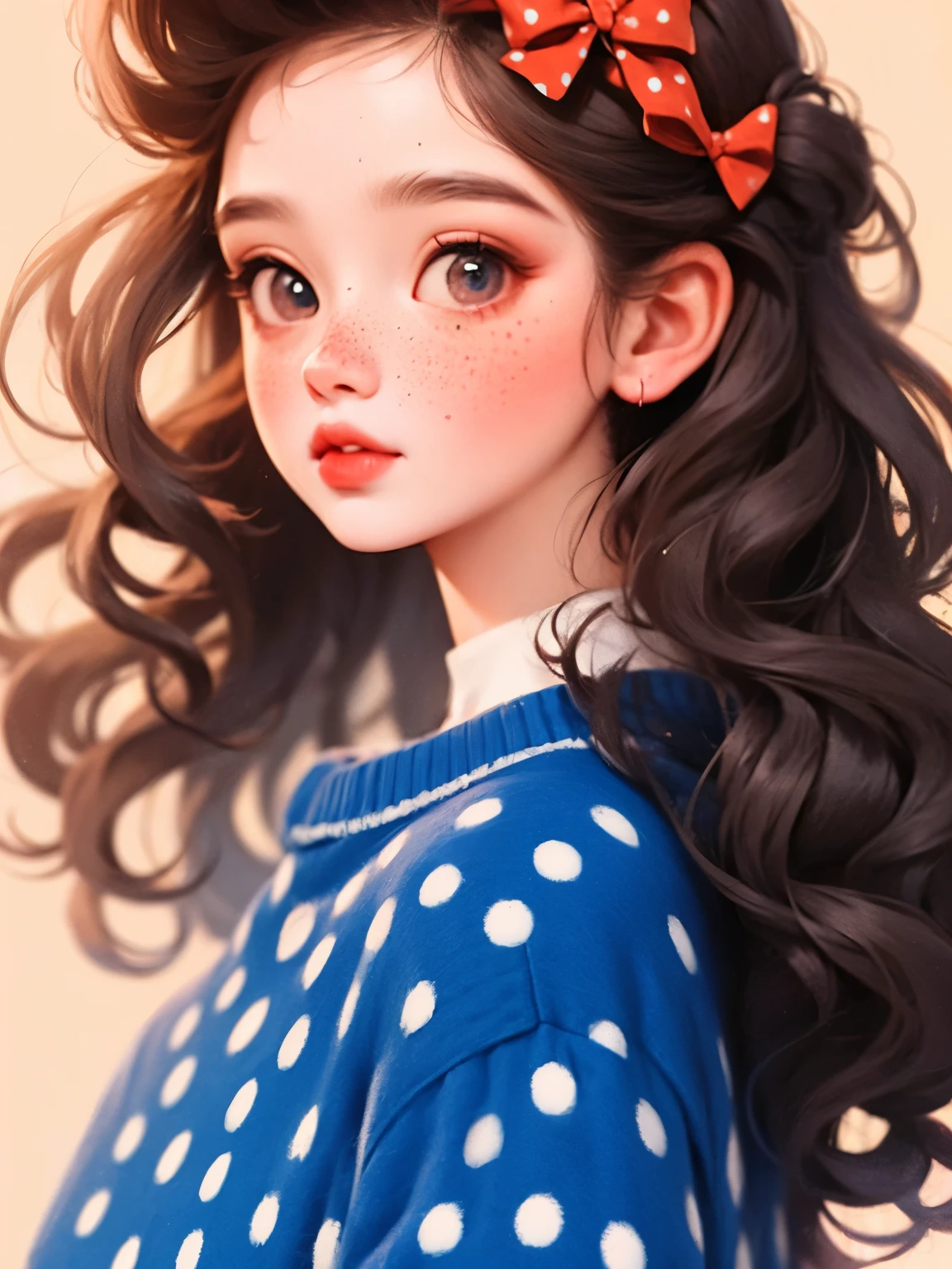 (masterpiece, best quality:1.2), a beautiful girl,Skin details,Detailed drawing of eyes,soft hair curly hair,Wear a large bow on your head,polka dot sweater,small freckles,Retro contrasting colors