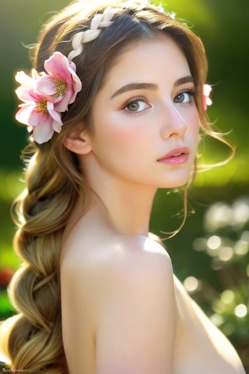 Euro Asian beauty,beautifully braided hair,big breasts:1.1), , oil painting,portrait,soft lighting,long eyelashes,natural makeup,blue eyes,pale skin,feminine features,rosy cheeks,delicate facial features,dainty nose,plump lips,flowing locks of hair,ornate flower crown,graceful posture,serene expression,sunlit garden background,subtle pastel colors,ethereal atmosphere
